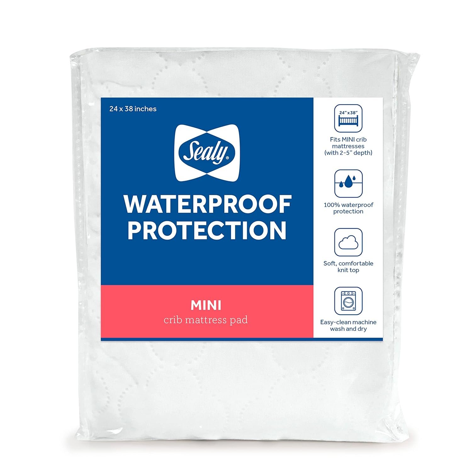 Sealy Baby Mini Crib Mattress Protector Pad Cover, Durable Waterproof Topper, Portable and Comfortable for Newborns Infants and Toddlers, Machine Washable and Dryer Friendly, 38” x 24”- White
