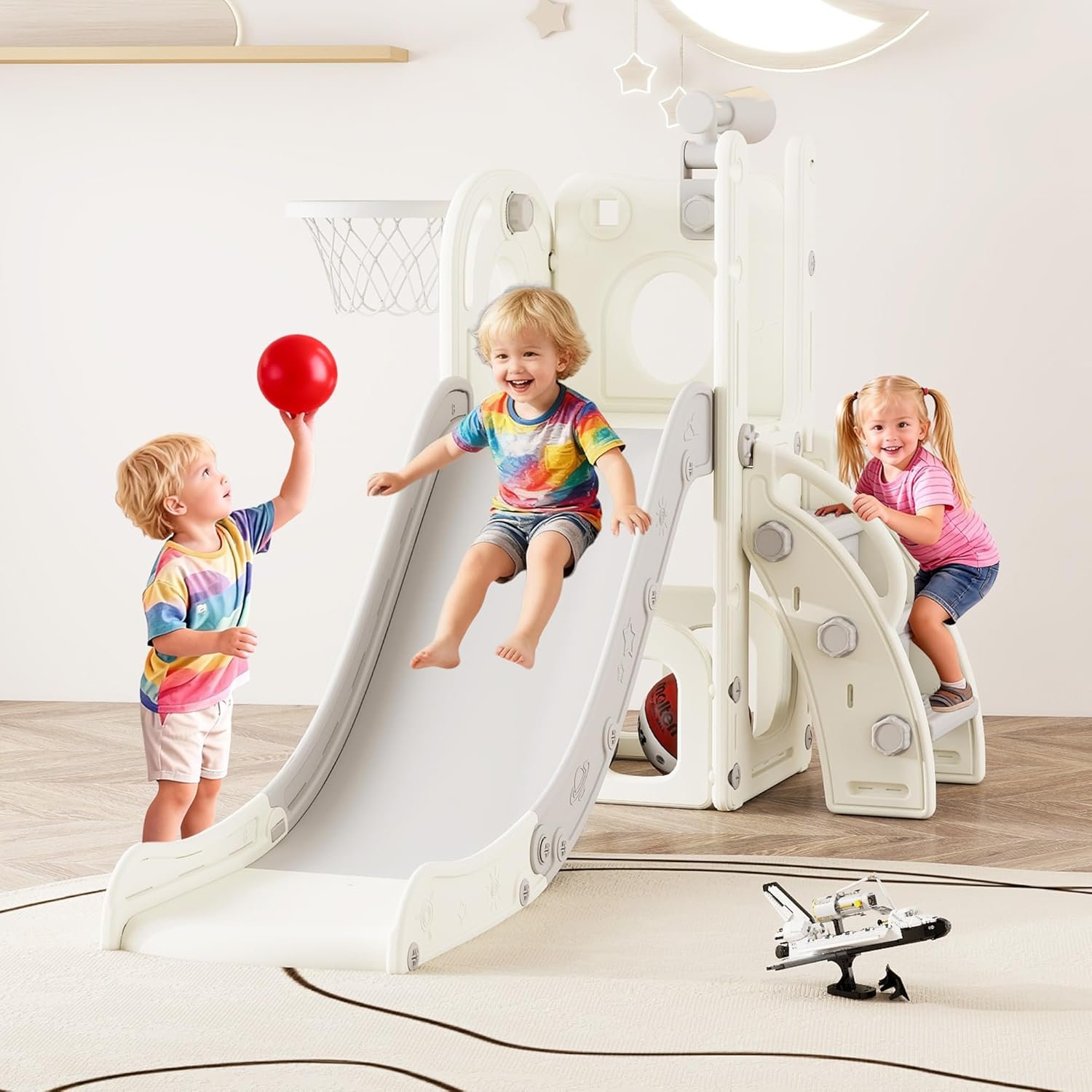 GITAWUSA 6 in 1 Toddler Slide for 1-3, Indoor Outdoor Playset, Kids Slide with Climber, Basketball Hoop, Storage, Telescope, L Shaped Slide (White Gray)