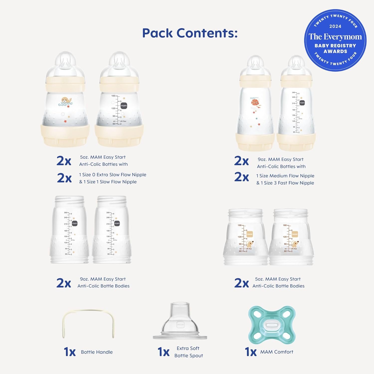 MAM Grow with Baby Anti-Colic Bottle Set – 4 Easy Start Bottles (5oz & 9oz) with Trainer Handles & Spout, Comfort Newborn Pacifier, Extra Bottle Bodies & Nipples, Self-Sterilizing Baby Feeding System