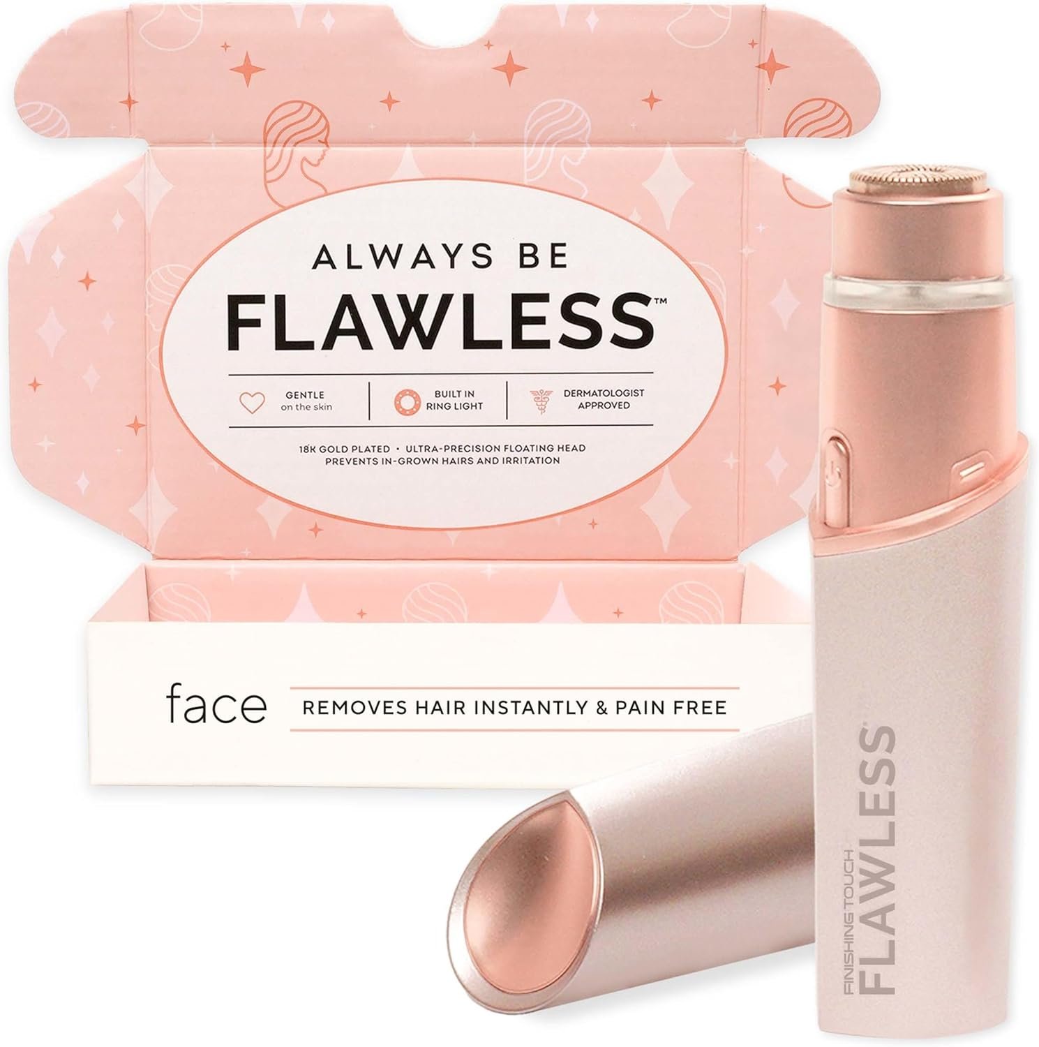 Finishing Touch Flawless Facial Hair Remover for Women, Rose Gold Electric Face Razor with LED Light, Recyclable Packaging