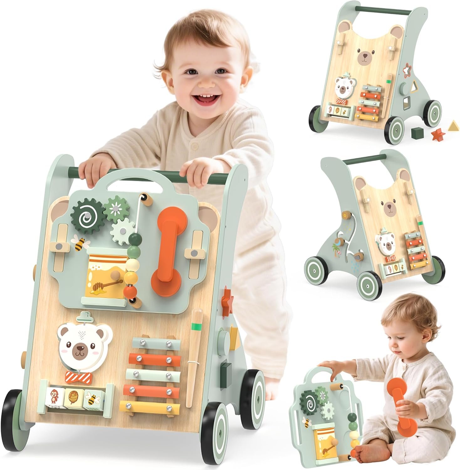 WOODMAM Wooden Baby Walker, Adjustable Speed Baby Push Walker for 1 Year Old, 10-in-1 Montessori Walker for Boys & Girls, Toddler Sit-to-Stand Learning Toy with Detachable Busy Board