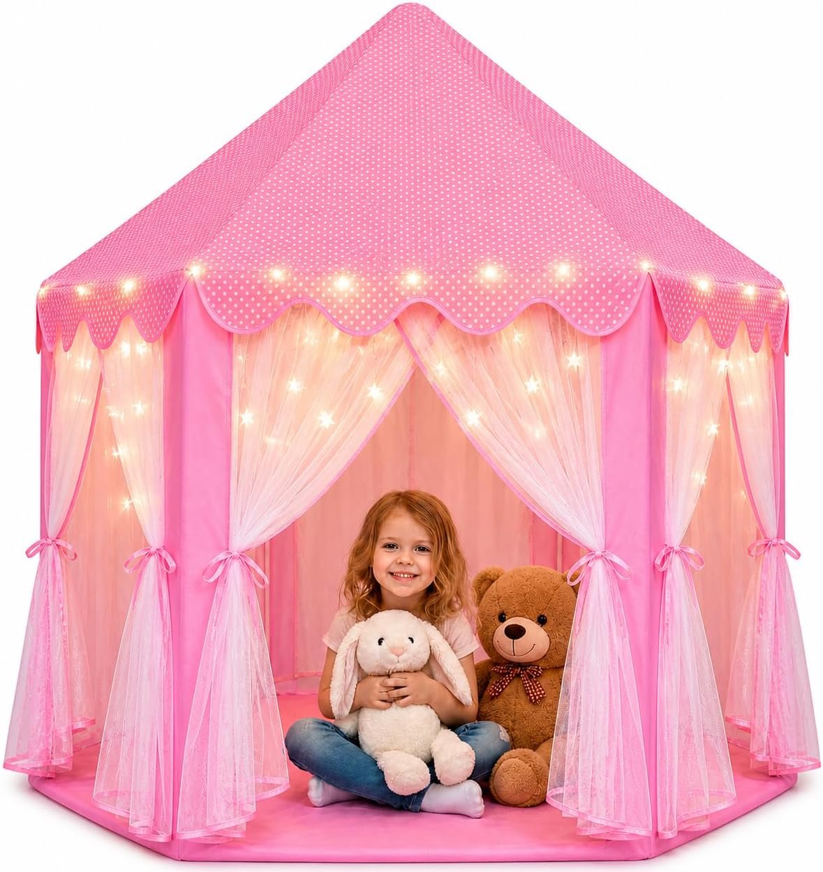 Orian Princess Tent for Kids, Toddler & Kids Pink Play Tent Indoor & Outdoor Princess Castle Fort for Girls and Toddlers Ages 2-7, 55”x53”, LED Star Lights, Children’s Toys and Gifts for Girls