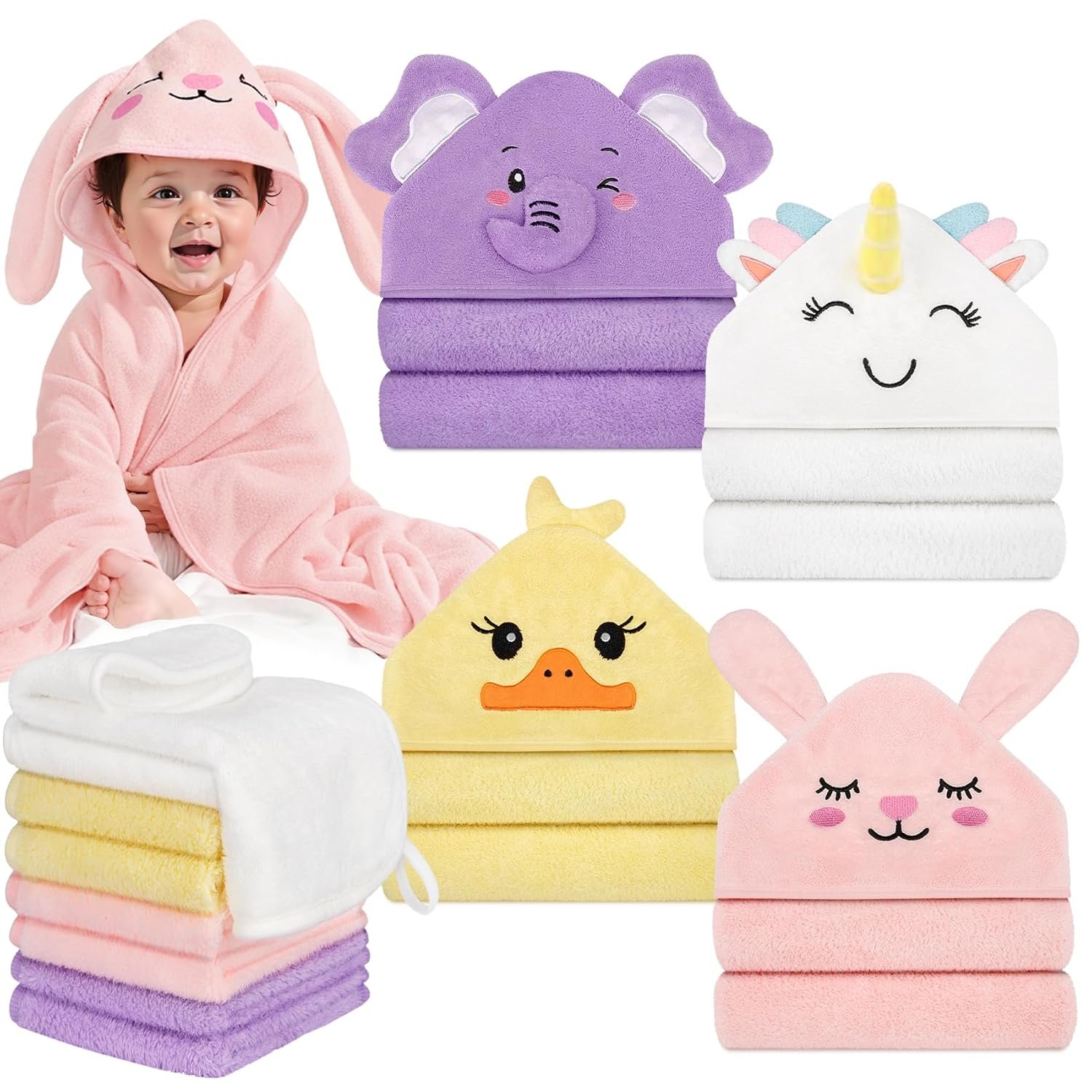 12 PCS Baby Bath Towels for Infants Toddlers, 4 PCS Animal Hooded Baby Towels & 8 PCS Washcloths Set, Ultra Absorbent Soft Cute Newborn Bath Essential Gifts for Boys & Girls