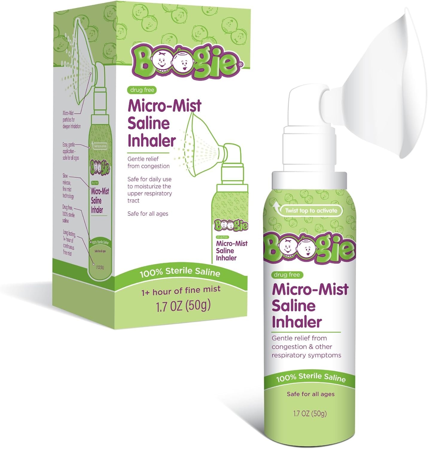 Boogie Micro-Mist Saline Inhaler, Baby Nose Congestion Relief, Nasal Spray for Kids, Pediatrician Recommended, 1.7oz Unscented - Pack of 1