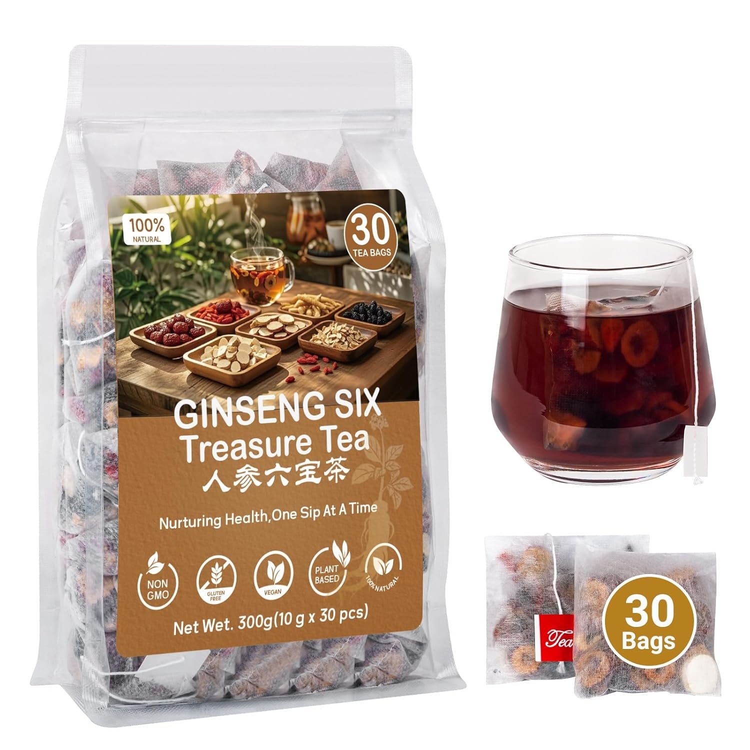 Kidney Tea Formula Ginseng Six Treasure Tea,Ginseng Five Treasures Teabag -7 Ingredient Formula Wolfberry Herbal Chinese Teabag Support Liver Cleanse &Repair for Men Women (1 Box,30 Bags)