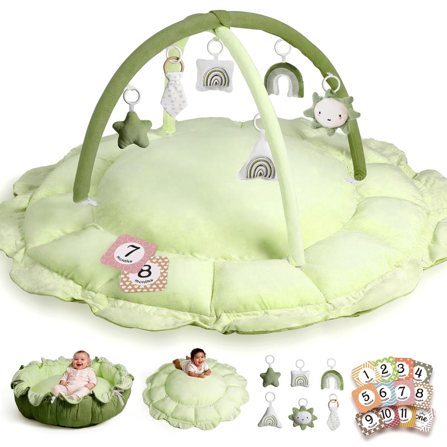 little dove 5-in-1 Convertible Baby Play Gym with 6 Toys, Tummy Time Mat for Sensory Development, Baby Activity Center from Newborn to Toddler, Ball Pit, Soft Plush Pet Mat, Green