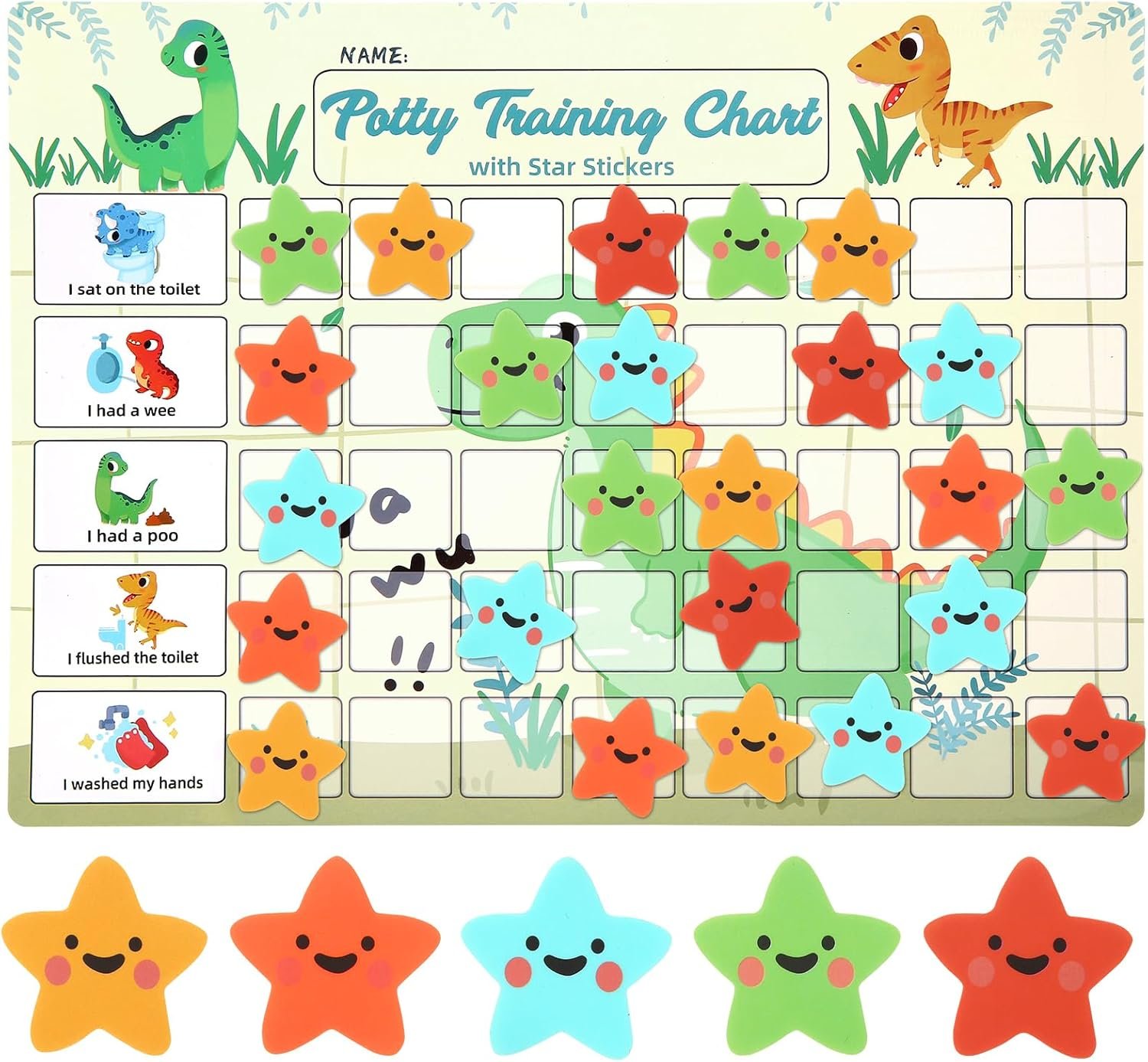 Potty Training Chart for Toddlers with 40 Reusable Magnetic Star Stickers, Interactive Reward Chart for Toilet Training (Dinosaur)