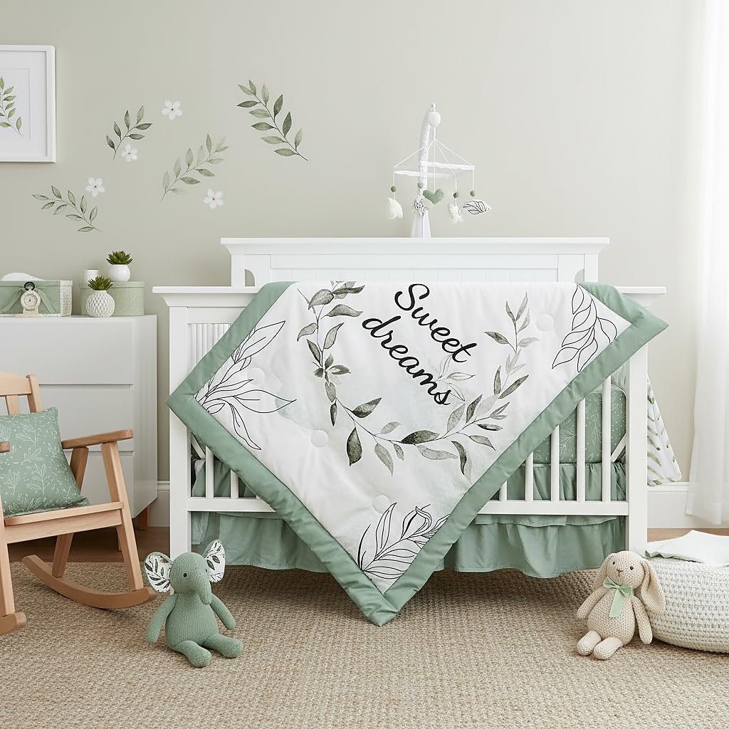 Green Leaf Crib Bedding Set, 4-Piece Baby Boy Bedding Set, Neutral Nursery Bedding Set, Fitted Crib Sheet, Crib Skirt, Baby Quilt, and Diaper Stacker, Sage