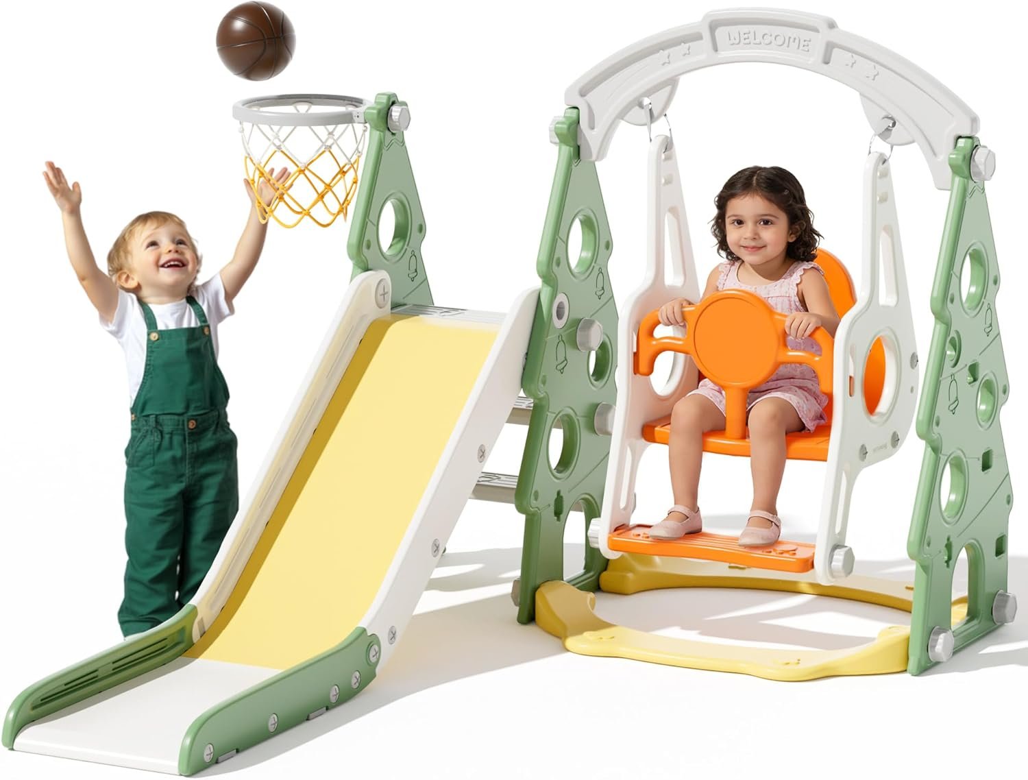 KORIMEFA 4-in-1 Kids Slide and Swing Set, Toddler Slide with Basketball Hoop, Swing, Outdoor Indoor Playground for Toddlers 1-3 Pine Shape Design(4 in 1-Green)
