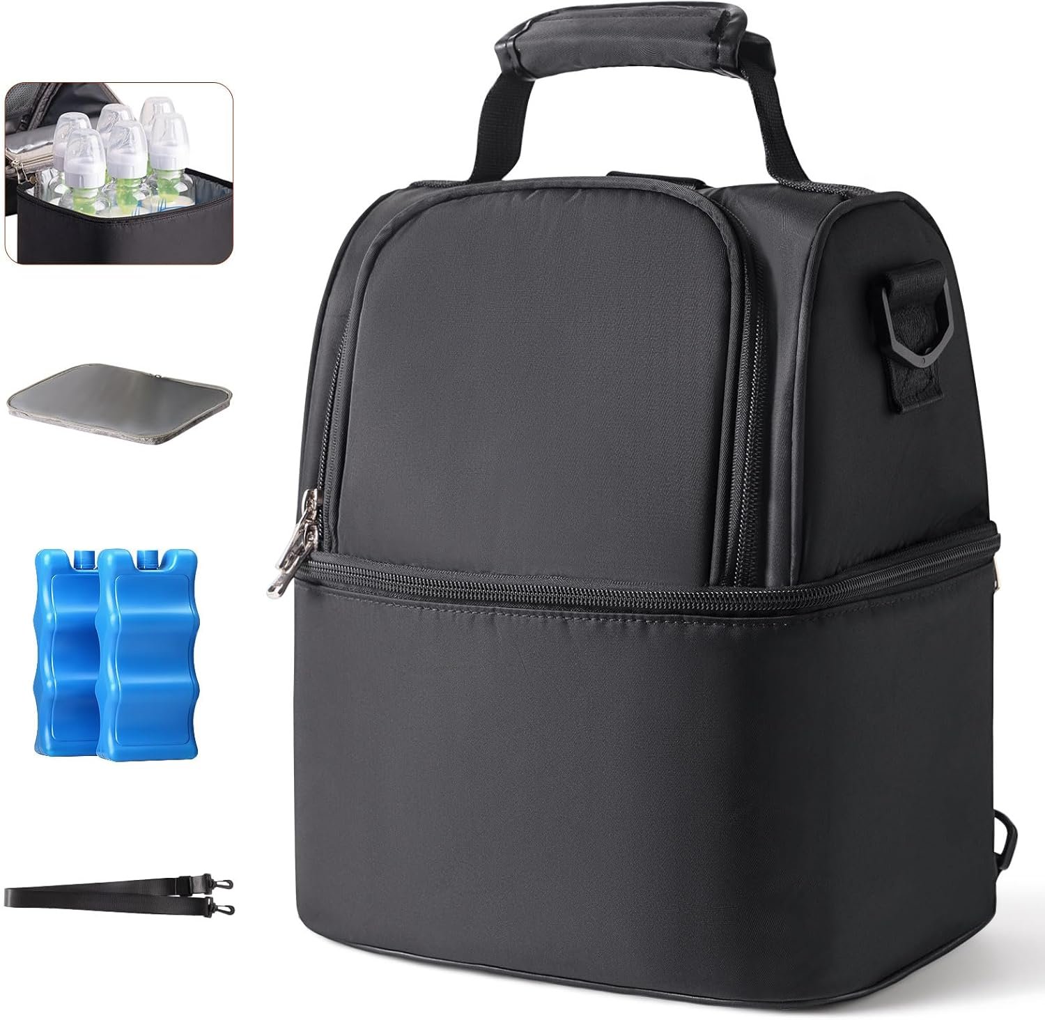 NCVI Breastmilk Cooler Bag with 2 Ice Pack, Breast Pump Bag with Cooler Fits 6 Bottles, Double Layer Breast Milk Travel Bag Baby Bottle, for Travel, Nursing Mom Daycare, Work, Picnic (Black)