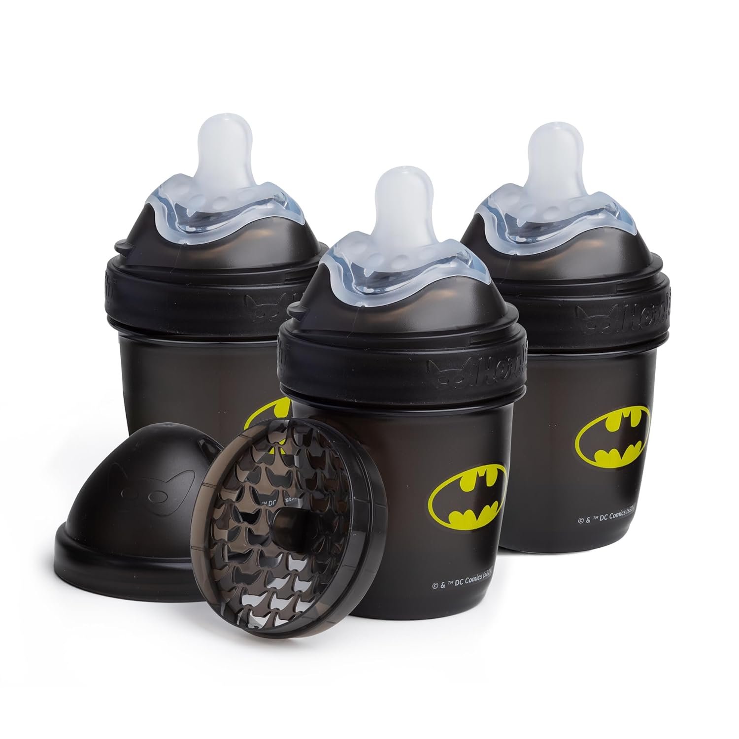 Herobility Anti-Colic Baby Bottles 5 oz / 140 ml – Pack of 3 Newborn Baby Bottles, Slow Flow Plastic Bottles, Breast-Shaped Teat for Breastfed Babies, Small Baby Bottles, Swedish Design, Batman