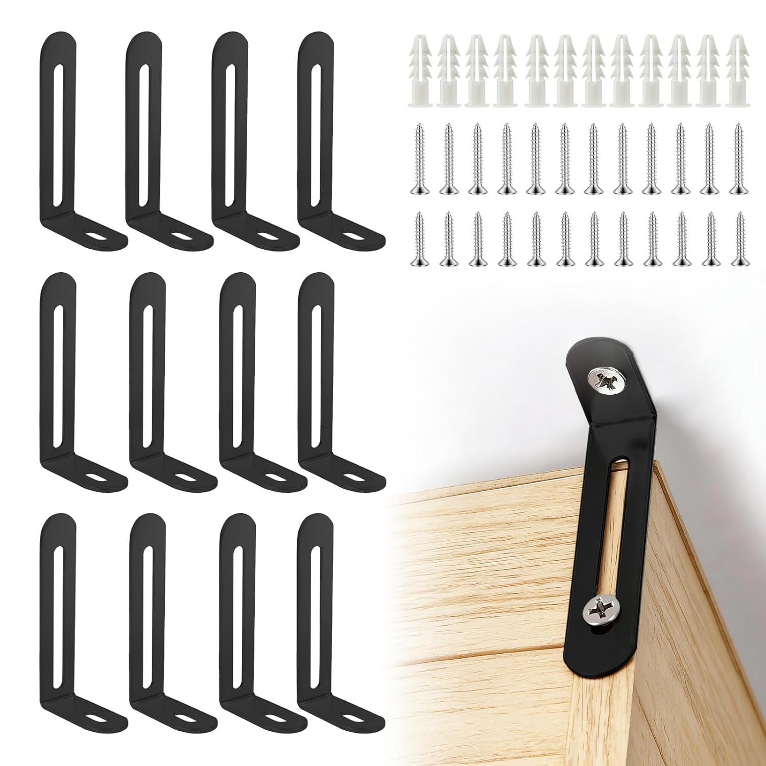 12 Pack Baby Proofing Anti Tip Furniture Anchors Kit - Heavy Duty Steel Wall Anchors for Dresser, Cabinet, Bookcase, Earthquake Safety & Pet Proofing in Nursery, Living Room（Black）