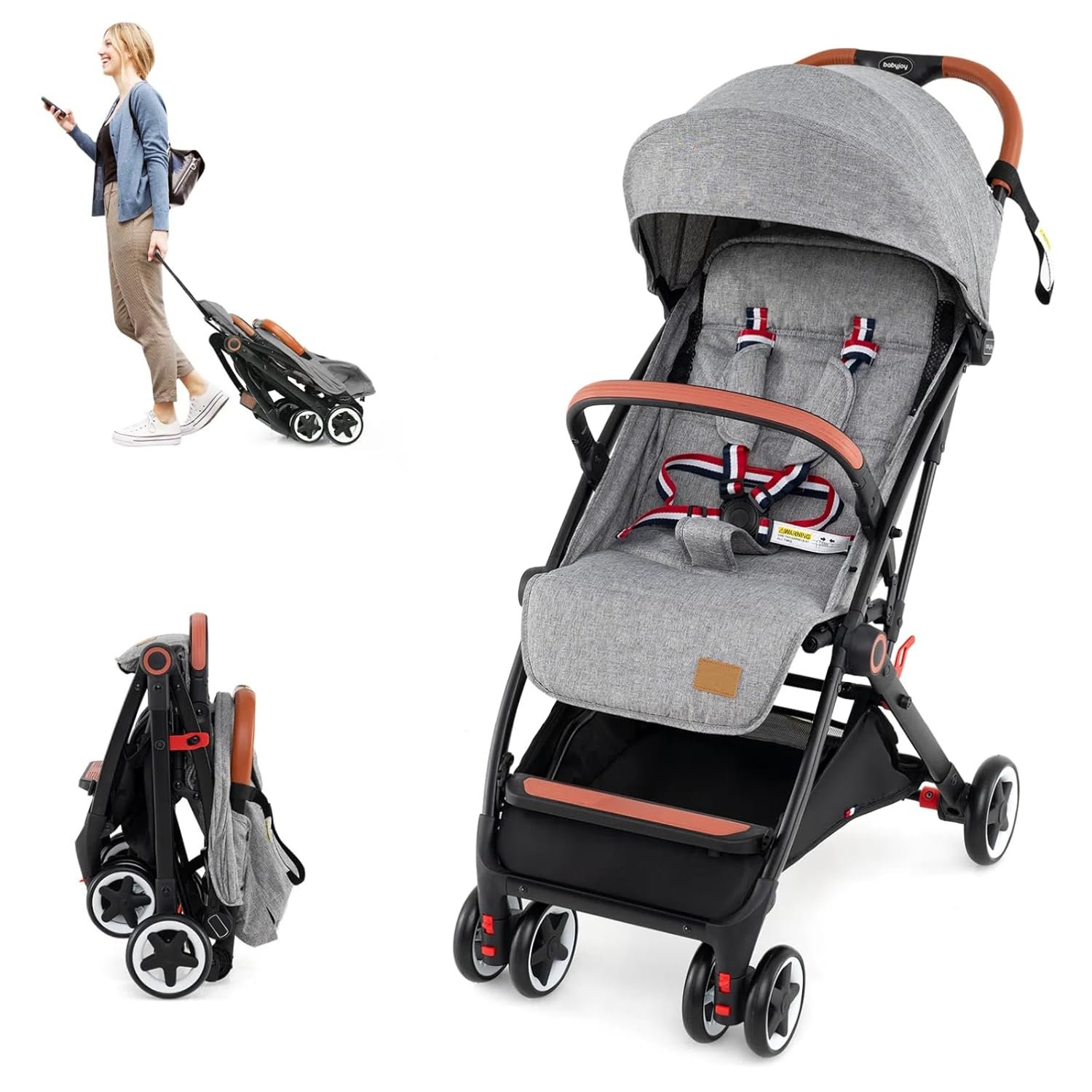 HONEY JOY Travel Stroller, One-Hand Quick Fold Lightweight Umbrella Stroller for Airplane, Wrist Wrap & Net, Multi-Position Recline, Overhead Friendly Compact Stroller for Newborn and Toddler(Gray)