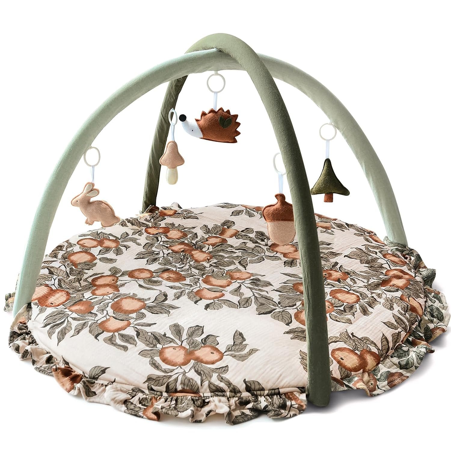 Baby Play Gym Play Mat, Infant Activity Center with 5 Sensory Toys 0–18 Months Developmental Tummy Time Mat, Baby Gym & Activity Mat Apple-Leaf Printed for Newborn Shower Gift Baby Essentials