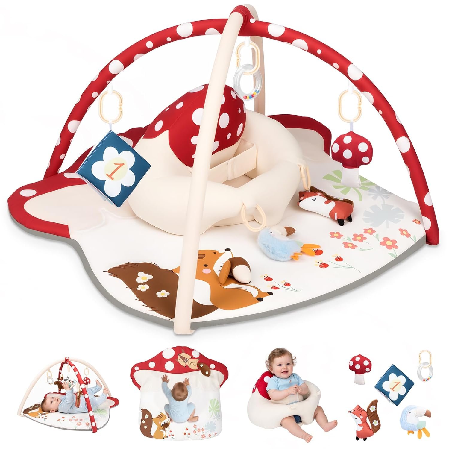 Baby Play Mat & Baby Seats for Infants for Sitting Up | Tummy Time Gym Activity Mat with 5 Detachable Toys for Stage-Based Sensory | Babies Essentials Gift for Newborn 0-6-12-18 Months (Red)