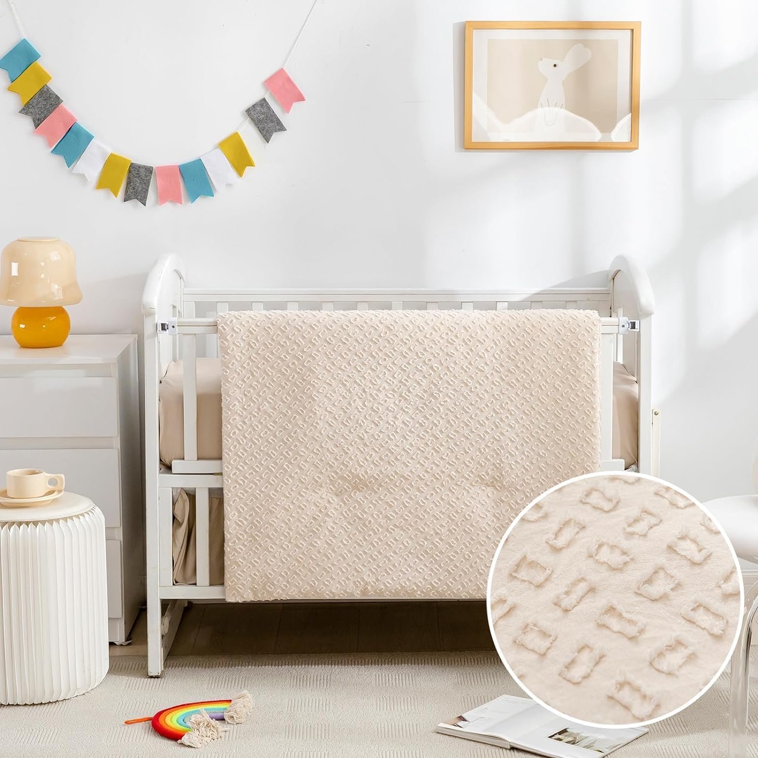 Cokouchyi 3 Piece Bedding Set for Boy Girls, Jacquard Tufted Geometric Crib Set, Includes Skirt, Blanket and Sheet, Baby Bedding, Beige