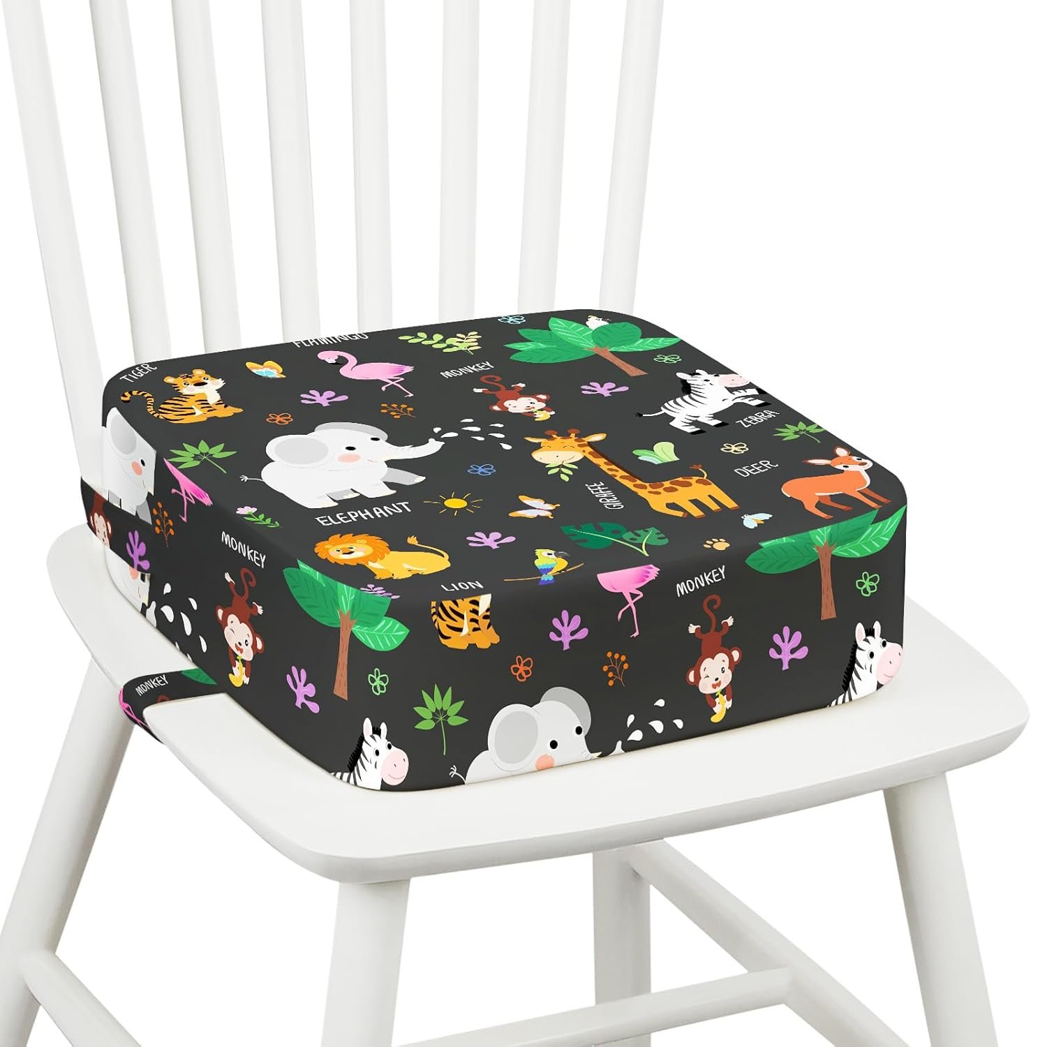 Toddler Booster Seat for Dining Table Kitchen Chair, Kids Booster Seat with Non-Slip Bottom and Adjustable Straps, 4" Detachable Washable Portable Travel Increasing Cushion (Jungle Animals)