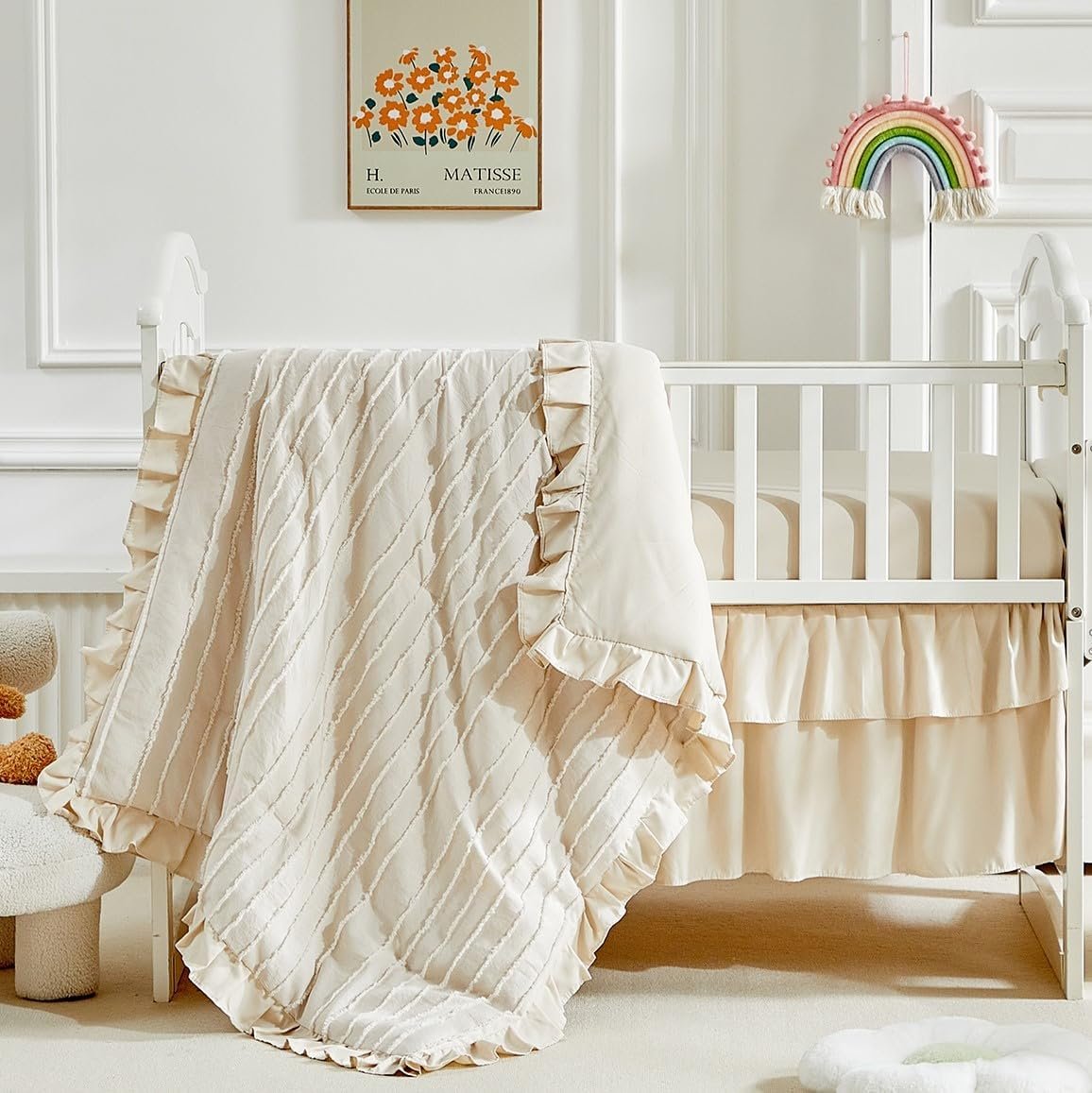 3 Pieces Tufted Stripes Crib Bedding Set with Ruffle Fringe, Beige Ruffled Comforter with Fitted Sheet and Bed Skirt , Soft and Embroidery Shabby Chic Boho Bohemian Jacquard Design for Baby Girls Boys