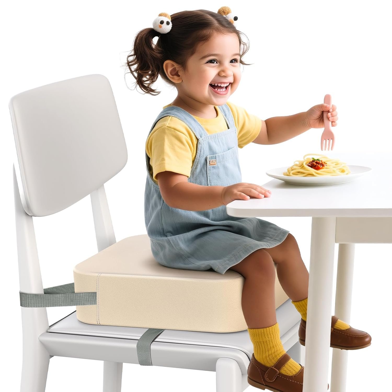 Toddler Booster Seat for Dining Table and Kitchen Chair – Adjustable Safety Straps, PU Leather, Non-Slip, Easy to Clean, Portable Travel Foam Booster Cushion for Kids & Toddlers (Light Yellow)