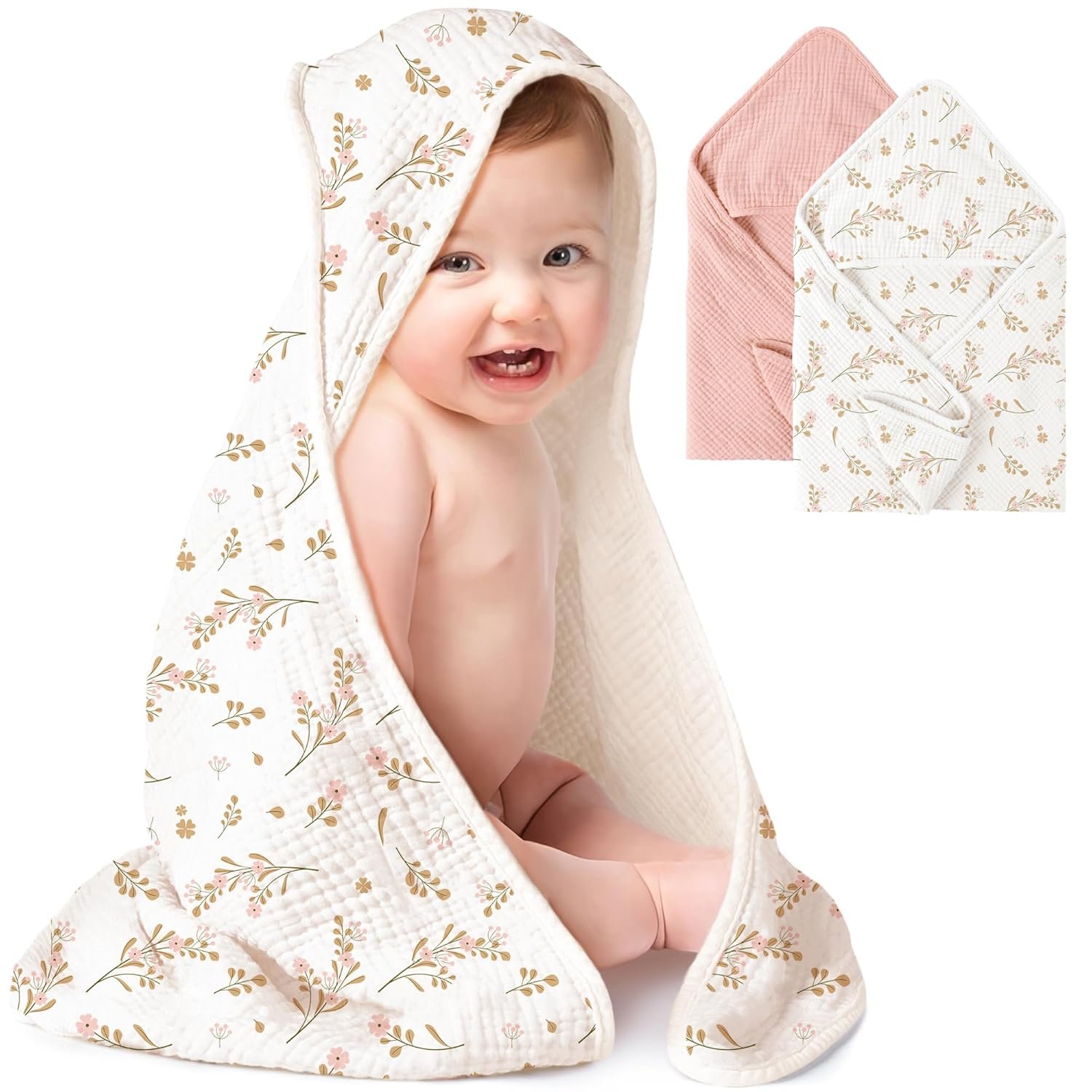 Konssy 2-Pack Muslin Hooded Baby Towels, 100% Cotton, Ultra-Soft & Absorbent Baby Bath Towels with Hood for Newborn & Infant (Pink, Floral,32" x 32")