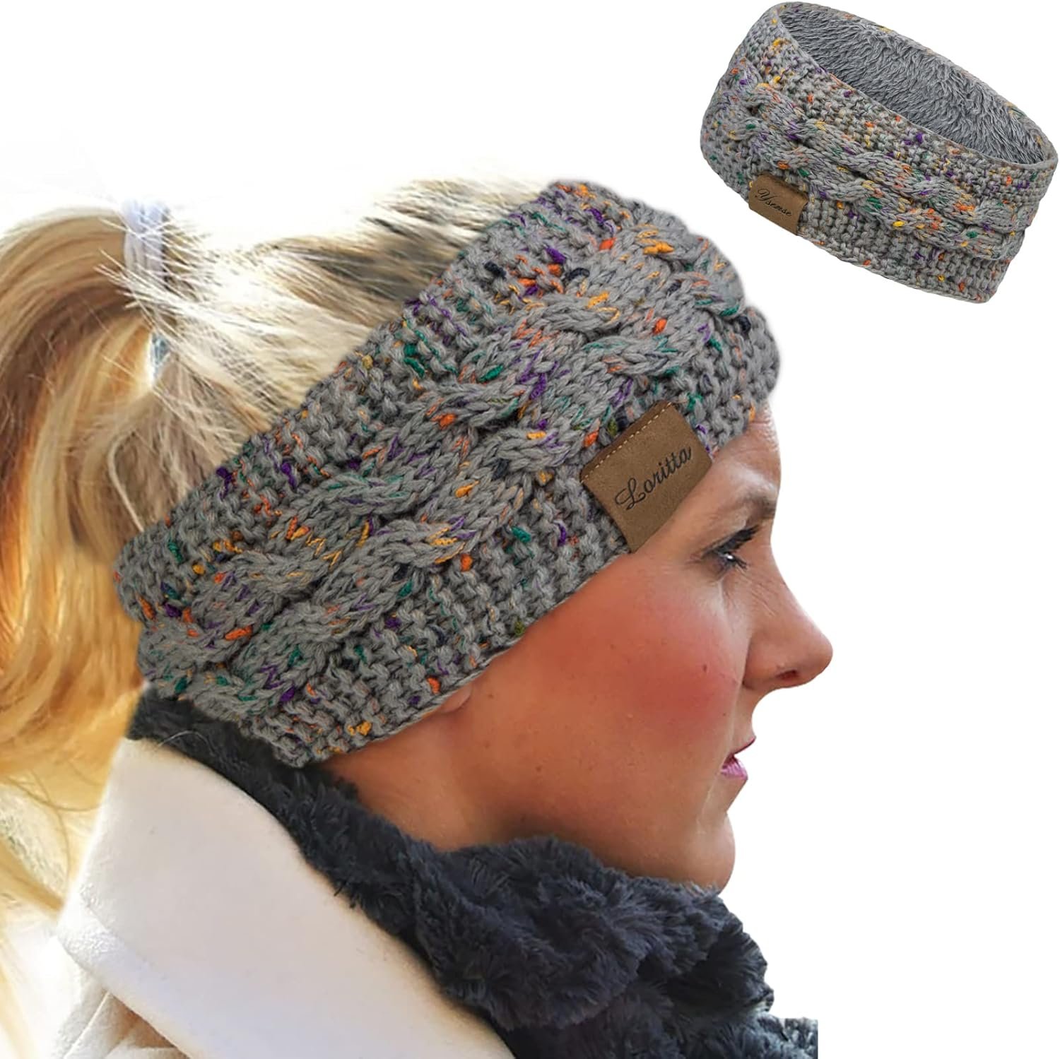 Loritta Womens Ear Warmers Headbands Winter Warm Fuzzy Cable Knit Head Wrap Fleece Lined Gifts