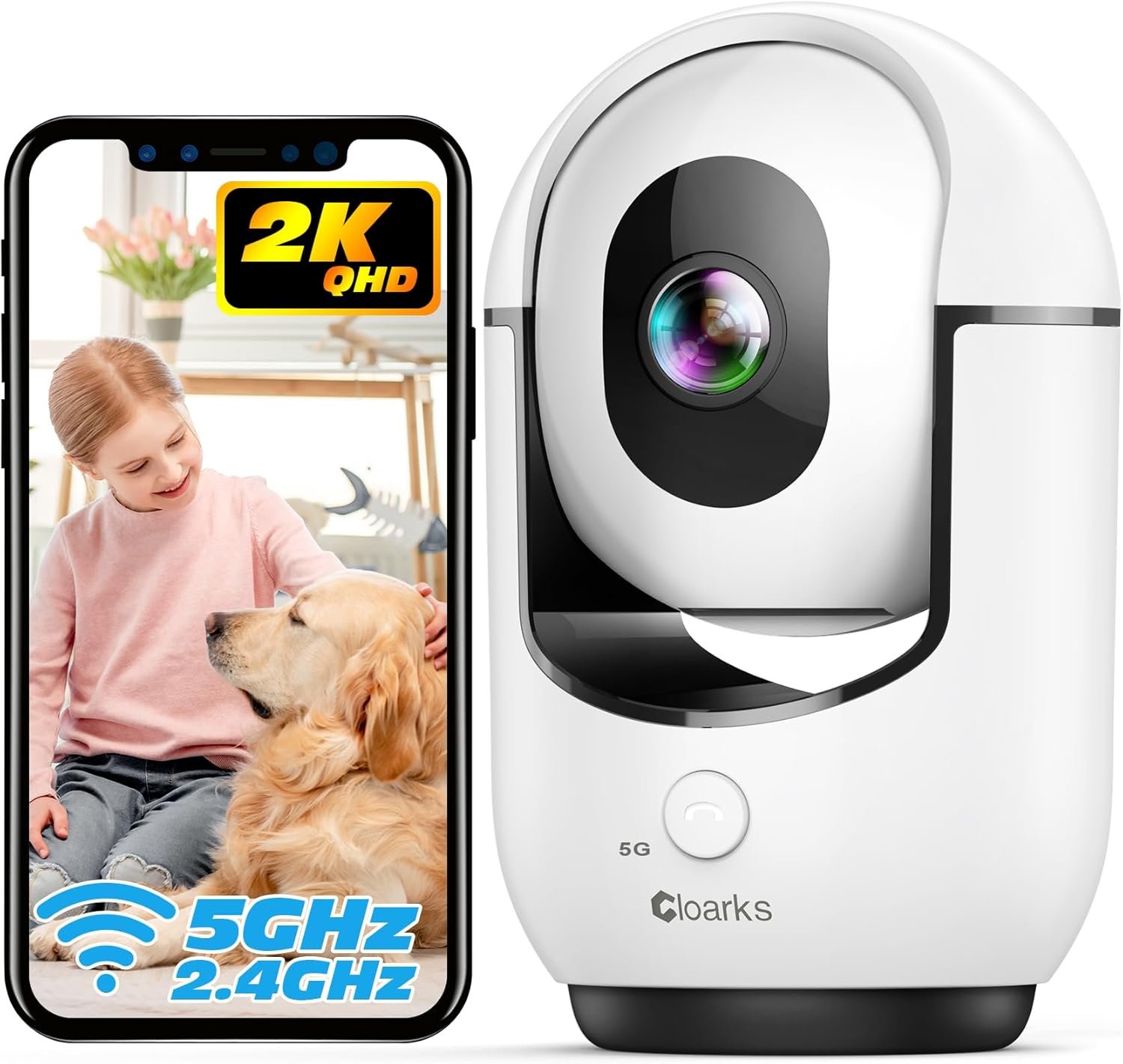 Cloarks 2K Indoor Camera, 5/2.4 GHz WiFi Pan/Tilt Security Camera with AI Motion Detection, One-Click Call for Baby Monitor, Wired Pet Camera with 2-Way Audio, 24/7, Siren Alarm, TF/Cloud Storage
