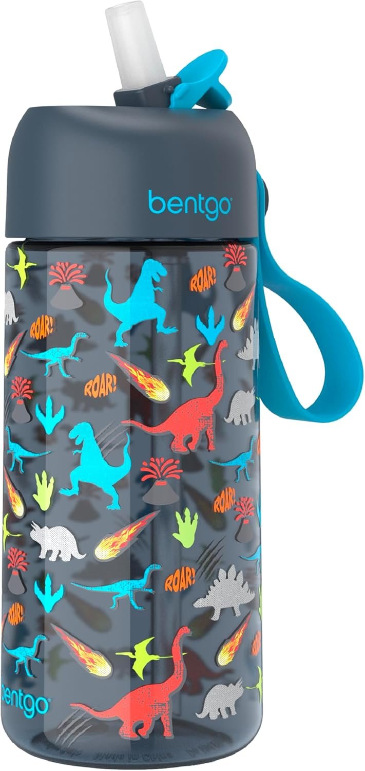 Bentgo Kids Water Bottle - Leak-Proof, Durable Tritan PFAS- & BPA-Free 15 fl oz, Kids/Toddlers Ages 3+ for School & Sports; Bite & Sip Spout, Carrying Handle, Dishwasher Safe (Dinosaur)