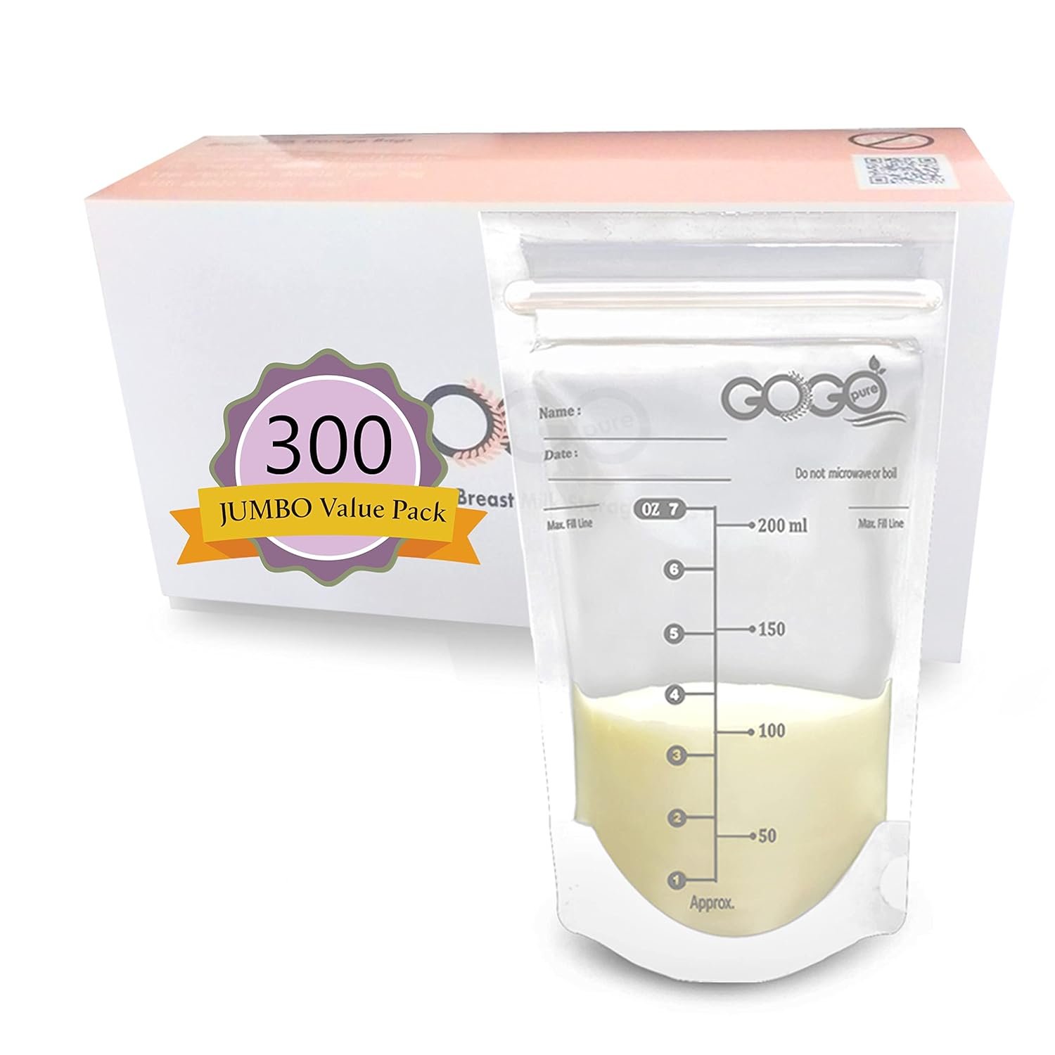 300 Count JUMBO Pack Breastfeeding Breastmilk Storage Bags - 7 OZ, EACH PRE-STERILIZED By Gamma Ray, BPA Free, Leak Proof Storing Double Zipper Seal, Self Standing, for Refrigeration and Freezing