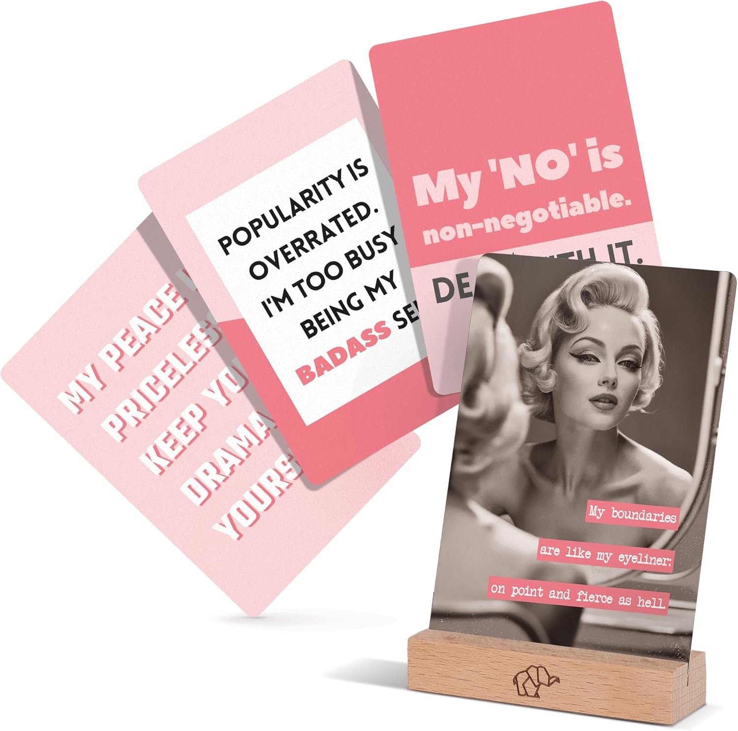 Badass Affirmation Card for Women - 50 Funny, Sweary Affirmation Cards in Tin Box with Wooden Stand - Motivational & Inspirational Gifts - Unique Birthday Gifts for Women, Best Friend, Sister