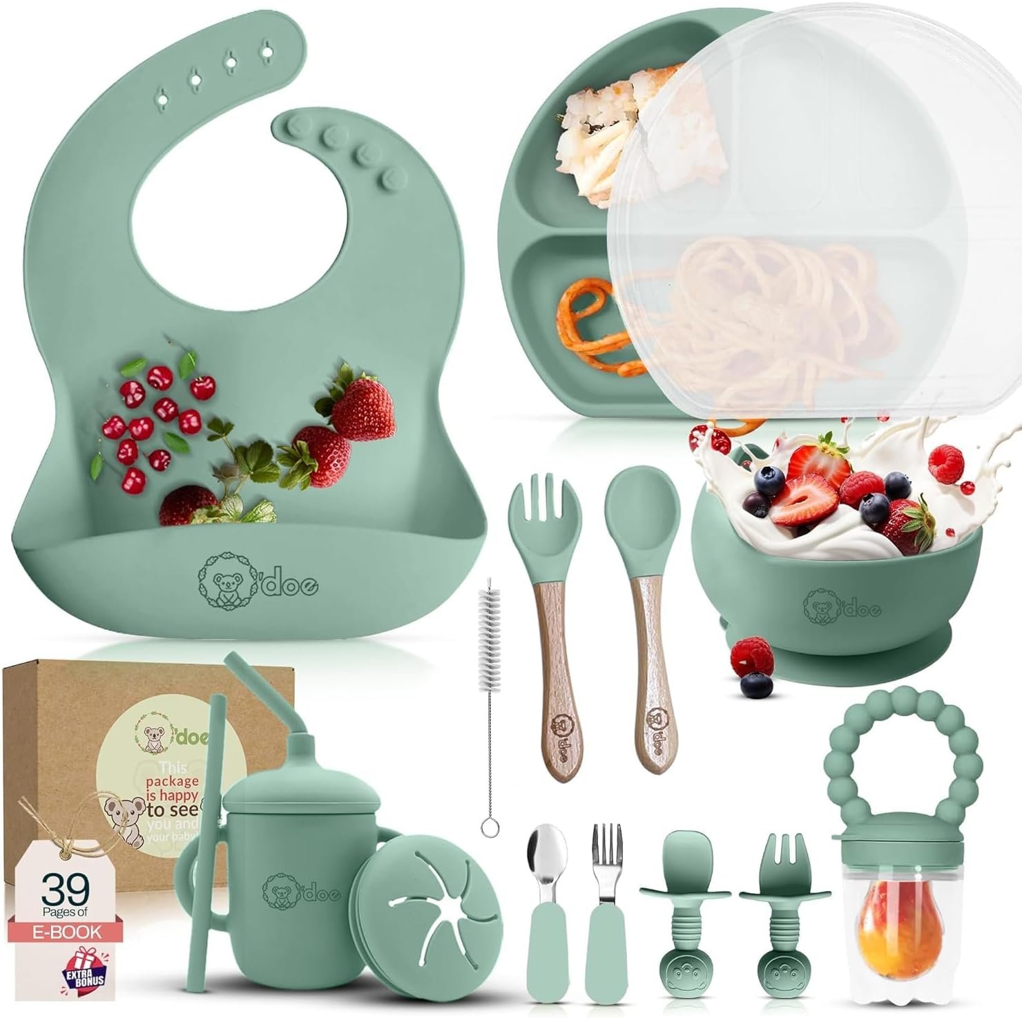 O'doe 17-Piece BPA-Free Silicone Baby Feeding Set | Thick & Soft Suction Plates, Baby Bowls, Wooden Fork & Spoon, and More | Make Mealtime Fun and Easy for Your Little One (Green, V2)