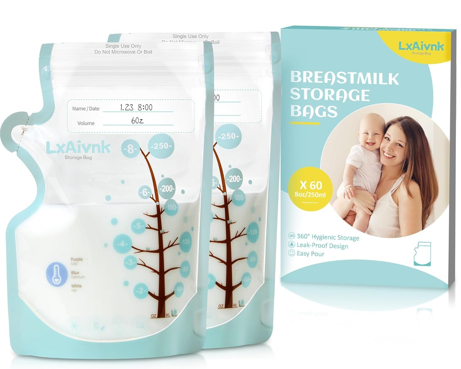 Temp-Sensing Breastmilk Storage Bag - 8oz(60Pcs), Temp-Sensing Icon & No Leak Locking Clamp, Strength Thin Design, for Breastfeeding, Suitable for Freezer