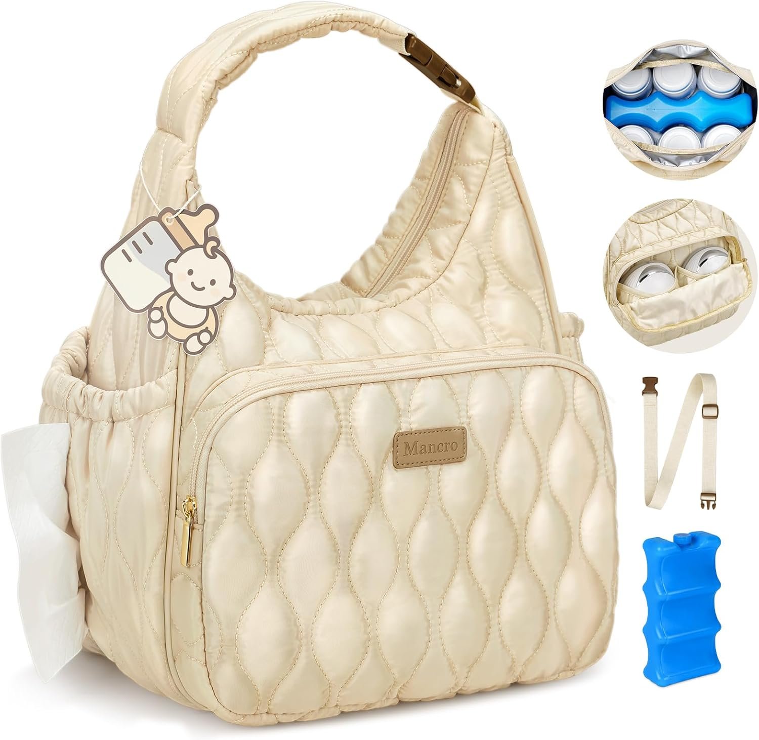 Mancro Breast Milk Cooler Bag with Ice Pack, Breast Pump Bag Fits 2 Wearable Pumps and 6 Bottles, Insulated Bottle Bag for Daycare or Work, Compatible with Momcozy/Medela/Elvie/Willow