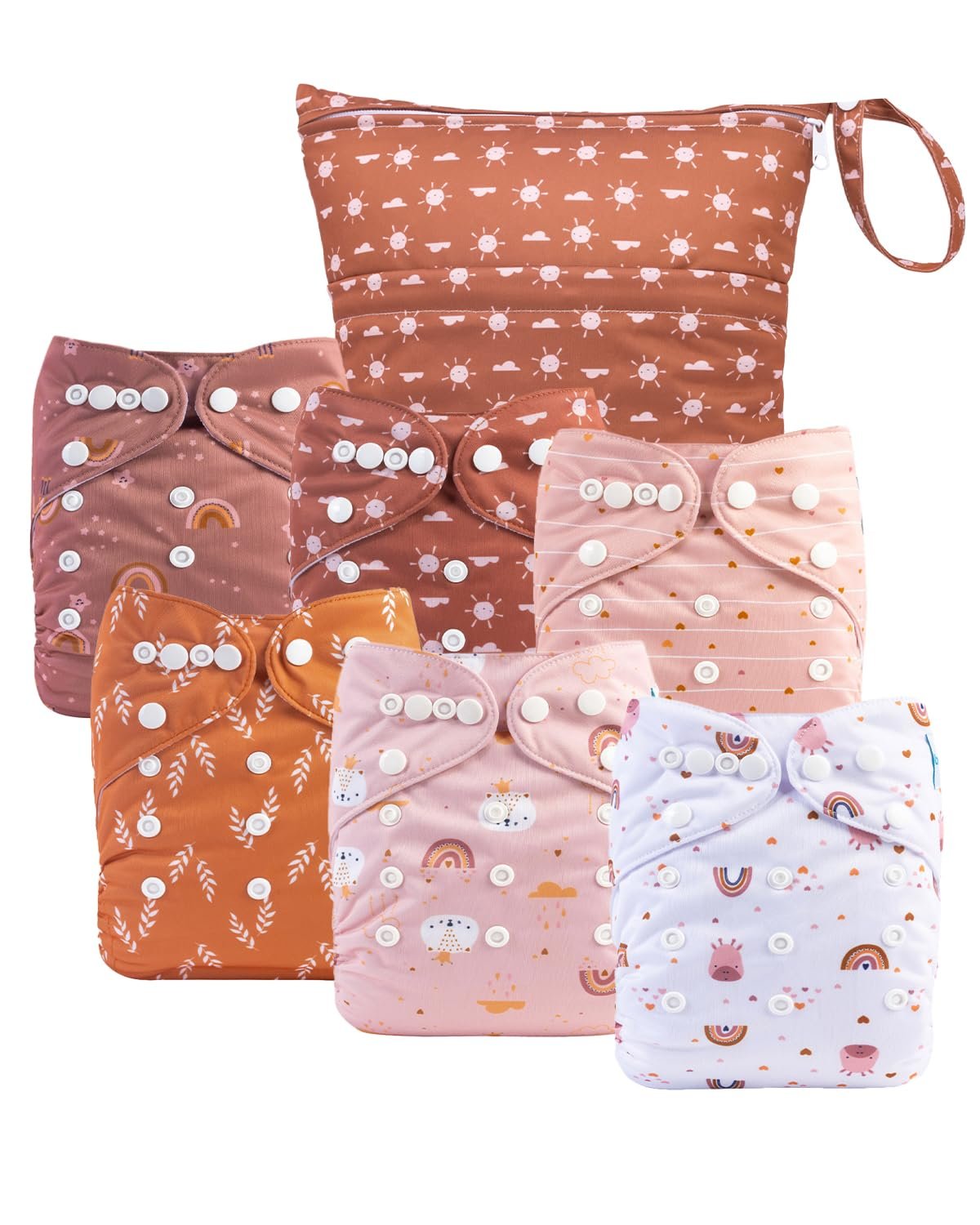 babygoal Cloth Diaper Covers 6 Pack with Wet Bag for Fitted Diapers and Prefolds with Double Gussets, Adjustable and Reusable for Baby Boys and Girls
