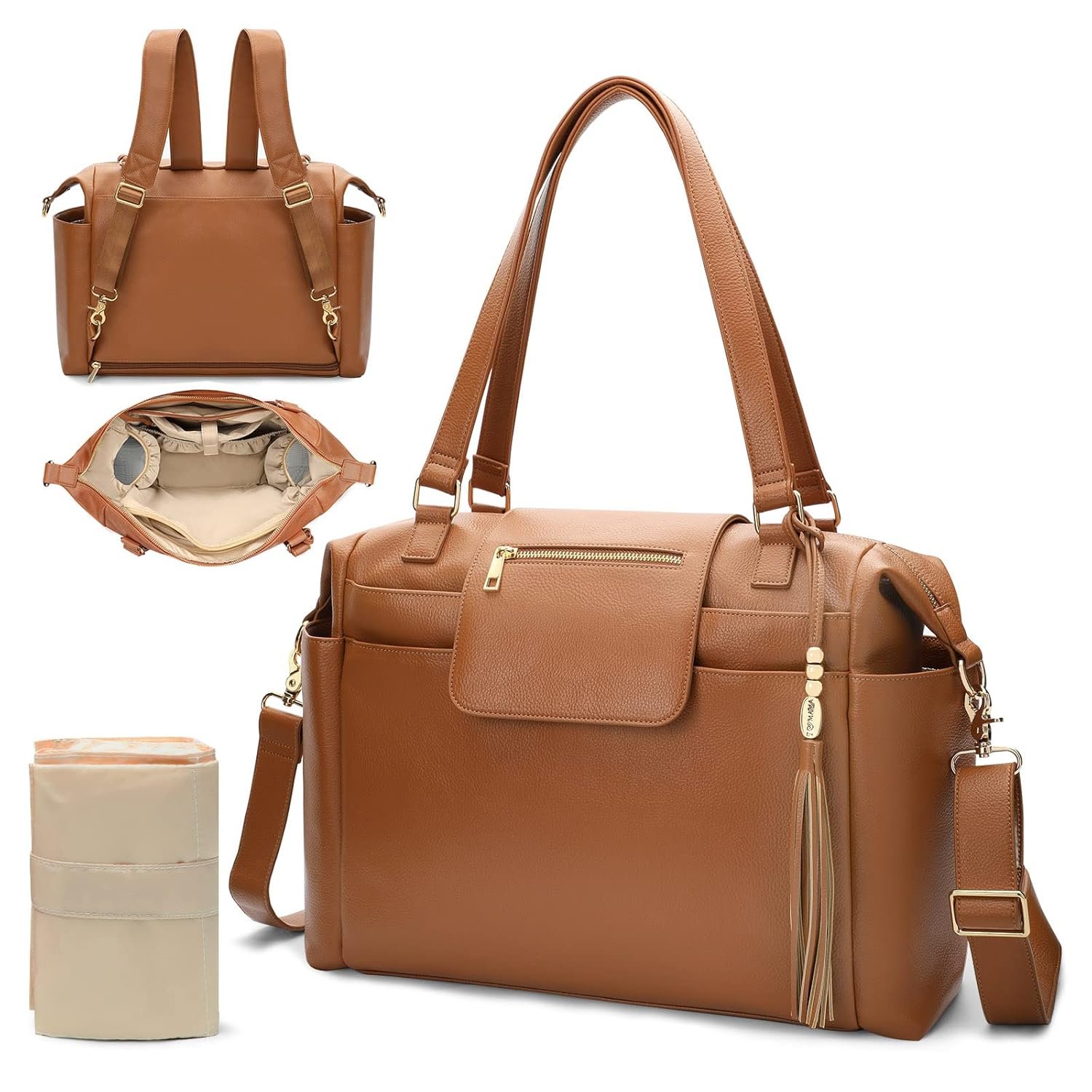Omanmoli Diaper Bag Tote Leather Diaper Bag Backpack Large Baby Bag 14 Diaper Organizing Pouches,Changing Pad,Crossbody Strap,4 Insulated Pockets,Brown