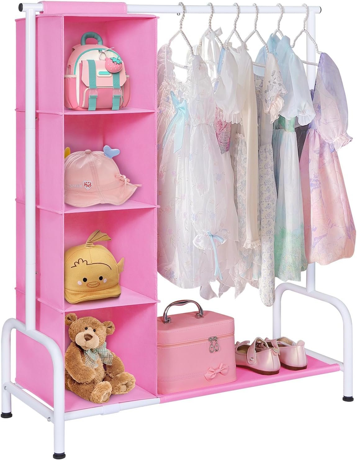 Univivi 43" Tall Kids Clothing Rack, Toddler Dress Up Storage with Hanging Organizer – Sturdy Metal Baby Closet, Space-Saving for Nursery & Bedroom, Pink/White