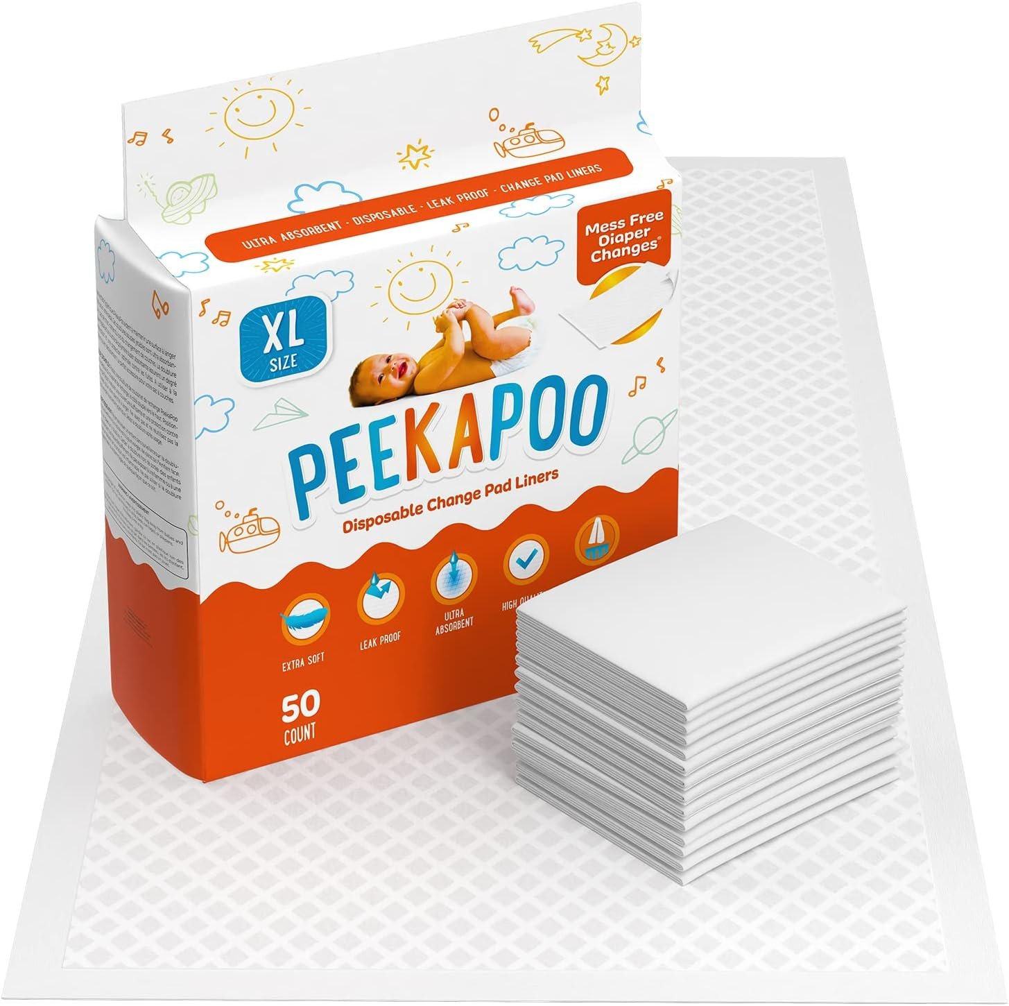 Disposable Changing Pads for Baby, X-Large 30"x18", 50 Count - Peekapoo Leak Proof Changing Table Pad Liners, Ultra Absorbent, Waterproof, Super Soft, Portable Diaper Mat for Travel
