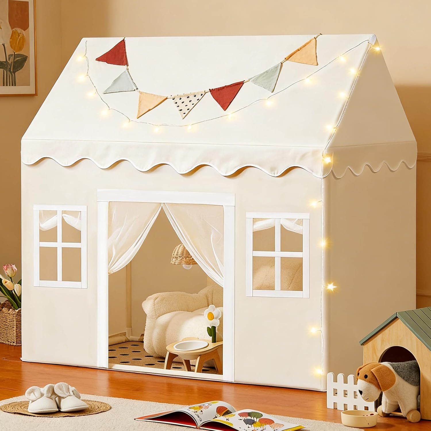 Tiny Land Play Tent with Padded Mat & LED Lights, Kids Tent, Playhouse for Kids, Indoor Bed Tent for Toddler, Toys for 3,4,5,6-Year-Old Girls, Neutral Color Play Room Furniture