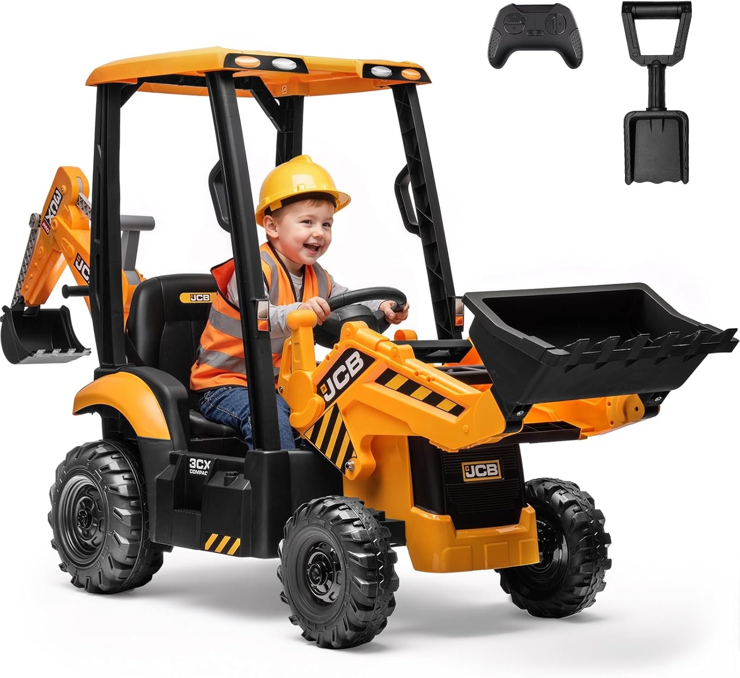 First Ride On JCB 12V Ride on Excavator for Kids with Remote Control, 3-in-1 Excavator, Bulldozer & Backhoe Ride on Toy, Kids Electric Construction Car with Reversible Seat, Canopy & Seat Belt (12V)