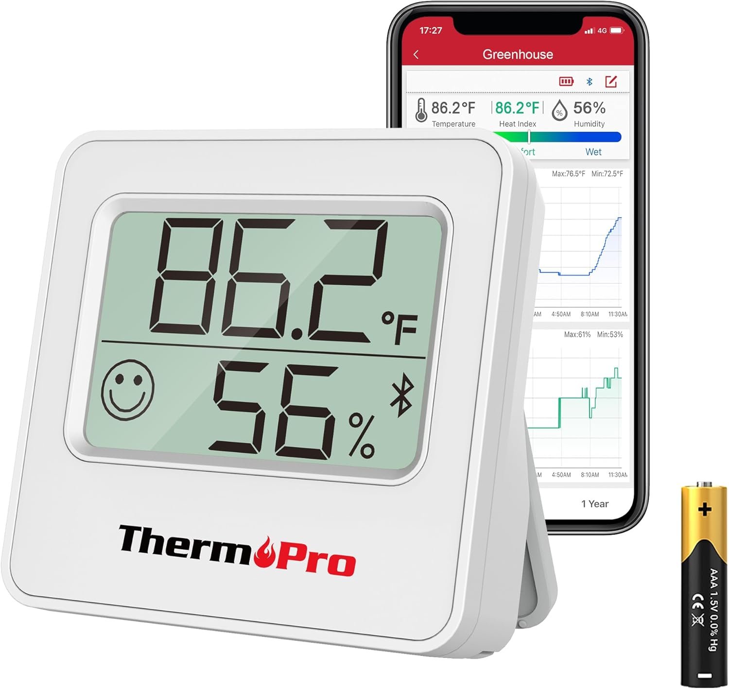 ThermoPro TP357 Digital Hygrometer Indoor Thermometer of 260FT, Bluetooth Thermometer Humidity Meter with Smart App, Room Thermometer Humidity Gauge with Temperature Humidity Sensor