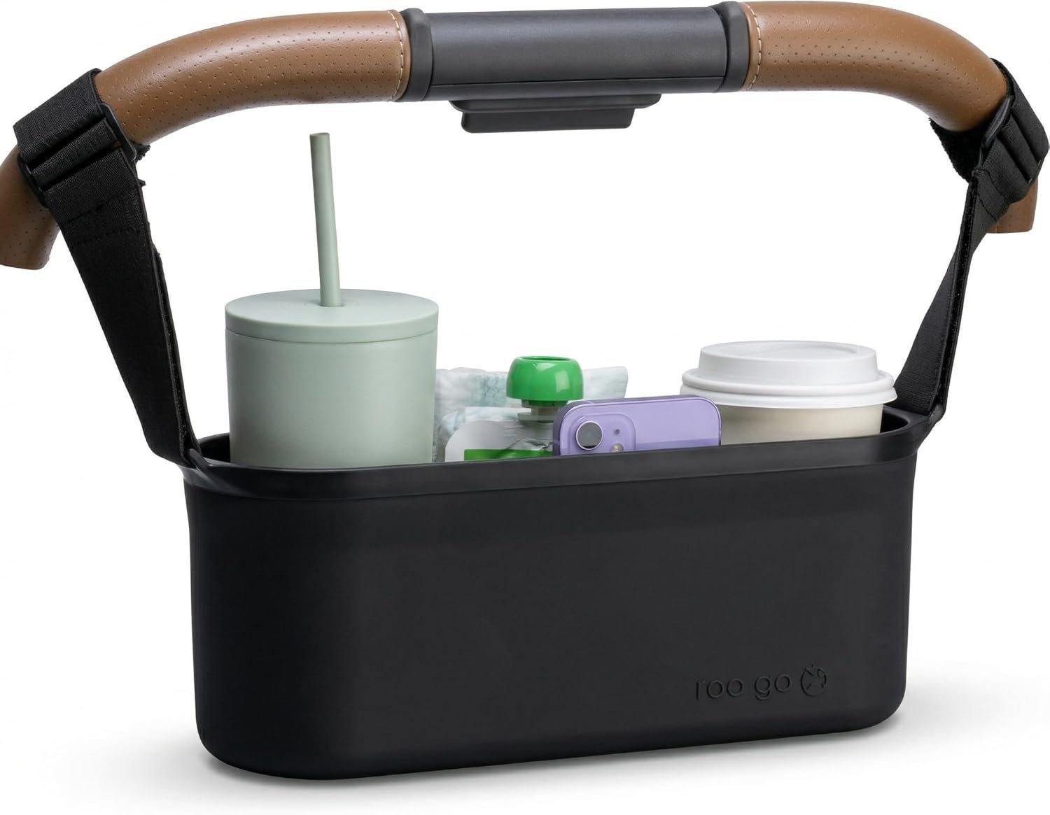 Universal Silicone Stroller Organizer with Cup Holders | Waterproof, Easy-Clean, BPA-Free Caddy with Organized Interior | Anti-Slip Straps fit Uppababy, Nuna, Doona & Most Strollers | roo go