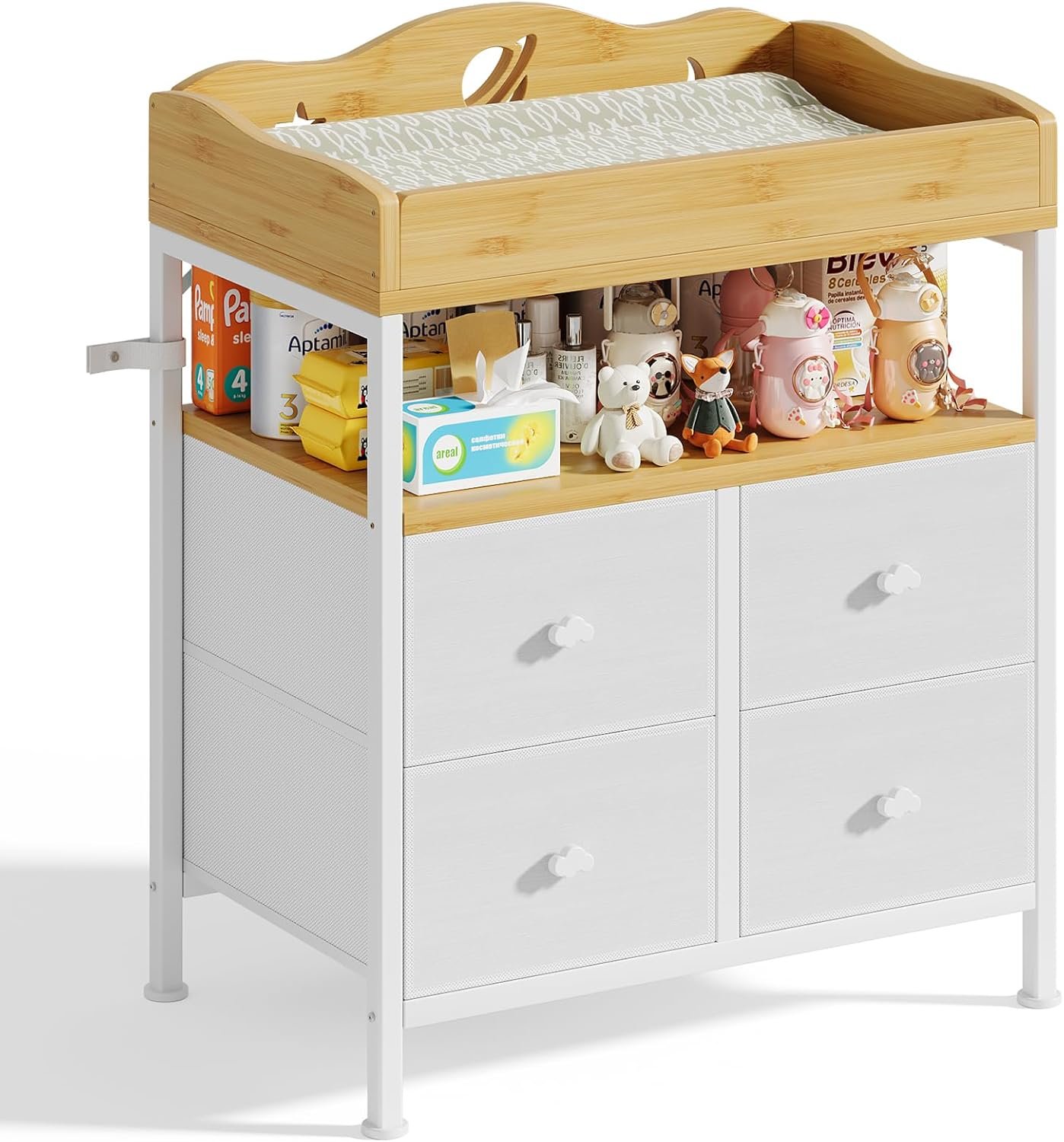 POKIPO Bamboo Changing Table Dresser with Sturdy Metal Frame, 4 Fabric Drawers, 3-in-1 Baby Dresser with Changing Table Top, Diaper Changing Station and Storage Organizer for Modern Nursery