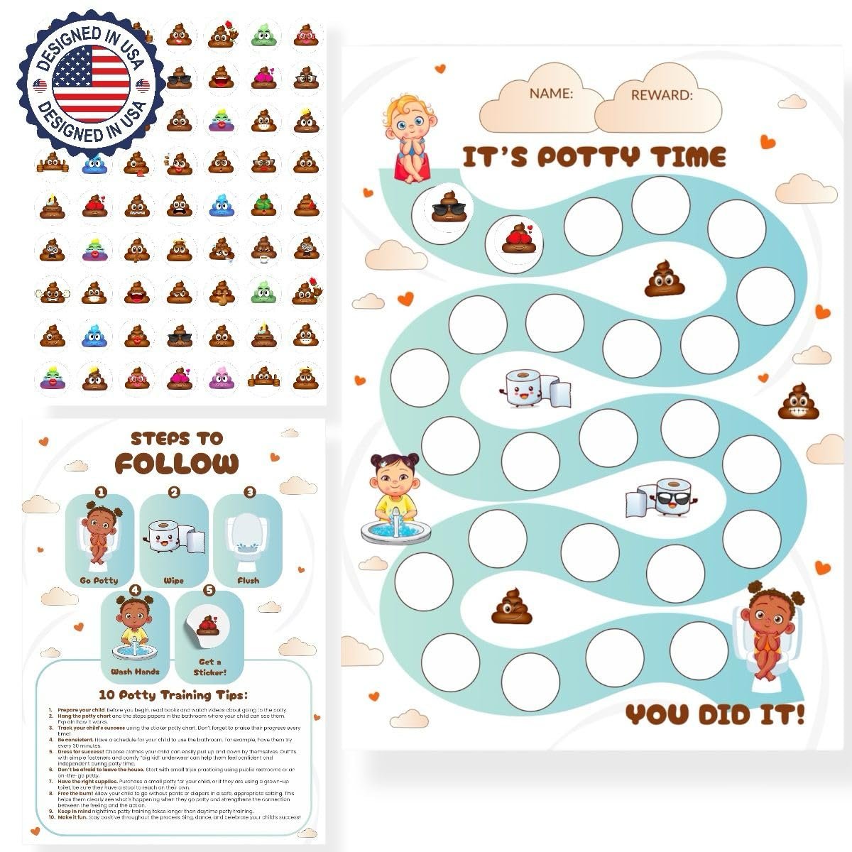 Potty Training Chart for Toddlers Boys and Girls, Including Fun Reward Poop Stickers – 10 Potty Sticker Chart for Kids and Over 300 Stickers for Toilet Training Success