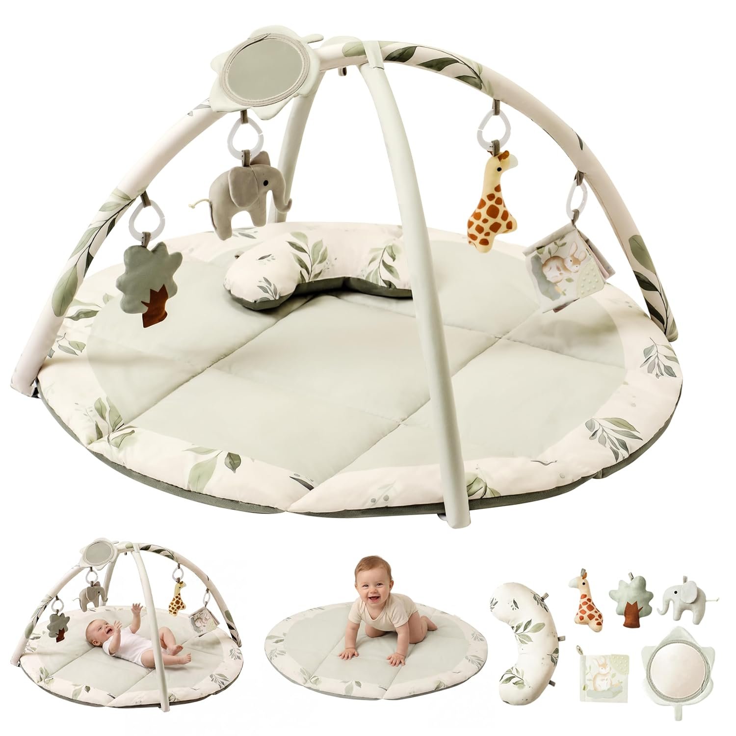 Fortella Baby Play Gym & Activity Mat, Machine Washable & Foldable Tummy Time Mat with 5 Detachable Toys, Certified Safe Newborn Essentials Gift for Baby Registry 0-12 Months (Sage Green)