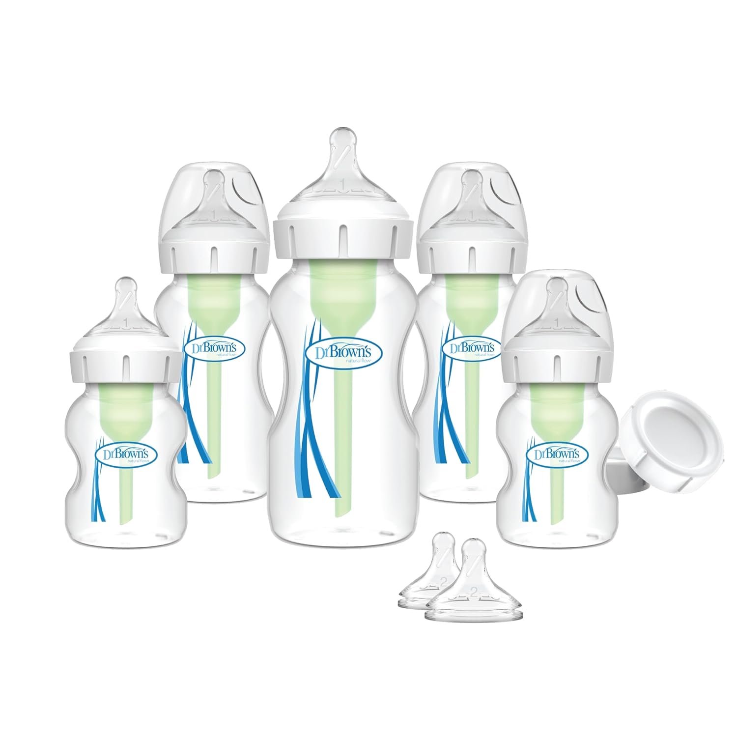 Dr. Brown's Anti-Colic Options+ Wide-Neck Baby Bottle Feeding Set, 5 oz/9 oz, with Bottle Travel Caps (Packaging May Vary)