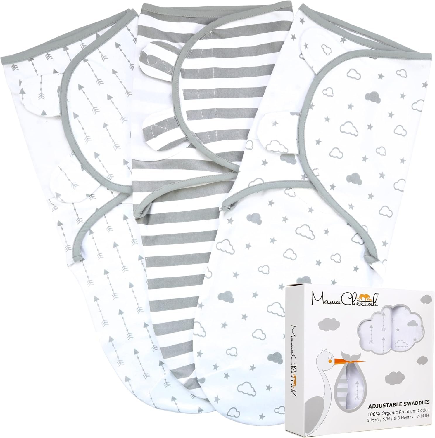 Mama Cheetah 100% Organic Cotton Baby Swaddle Blanket 3-Pack, Adjustable Newborn Swaddle Sleep Sacks, Easy Swaddles for Boys and Girls, Nursery Swaddling Essentials, 0-3 Months