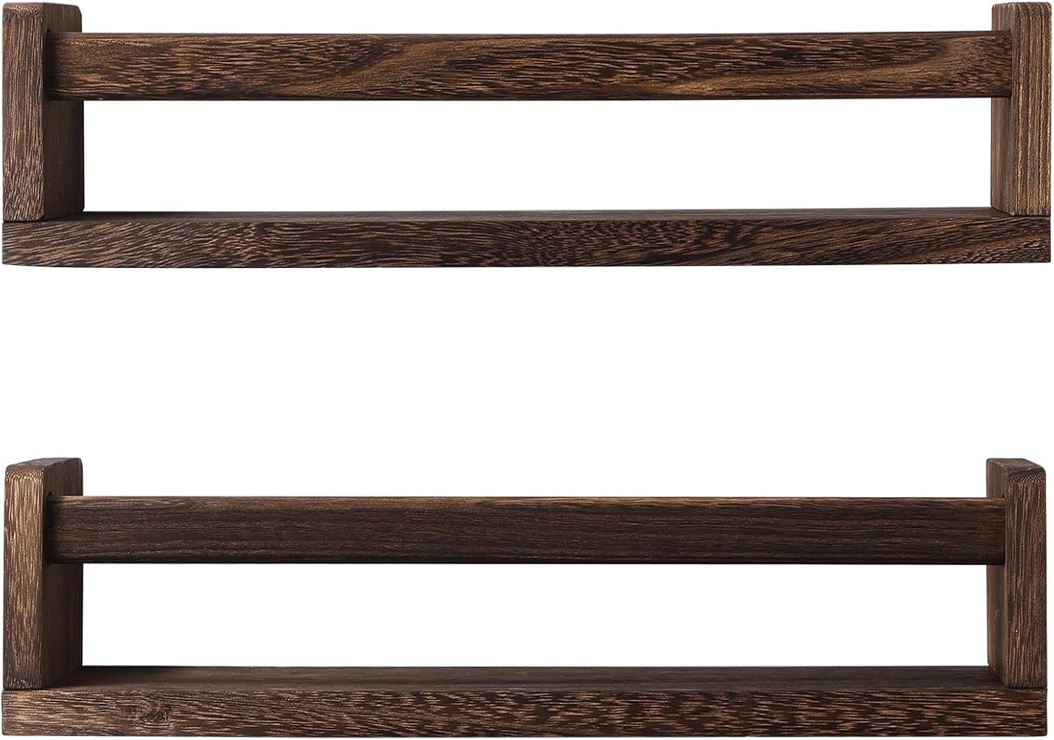 JORIKCHUO Nursery Book Shelves, Set of 2 Wood Floating Book Shelves for Kids Room, Kitchen Spice Rack, or Rustic Wall Mounted Shelves for Farmhouse Bathroom Décor (Carbon Brown)