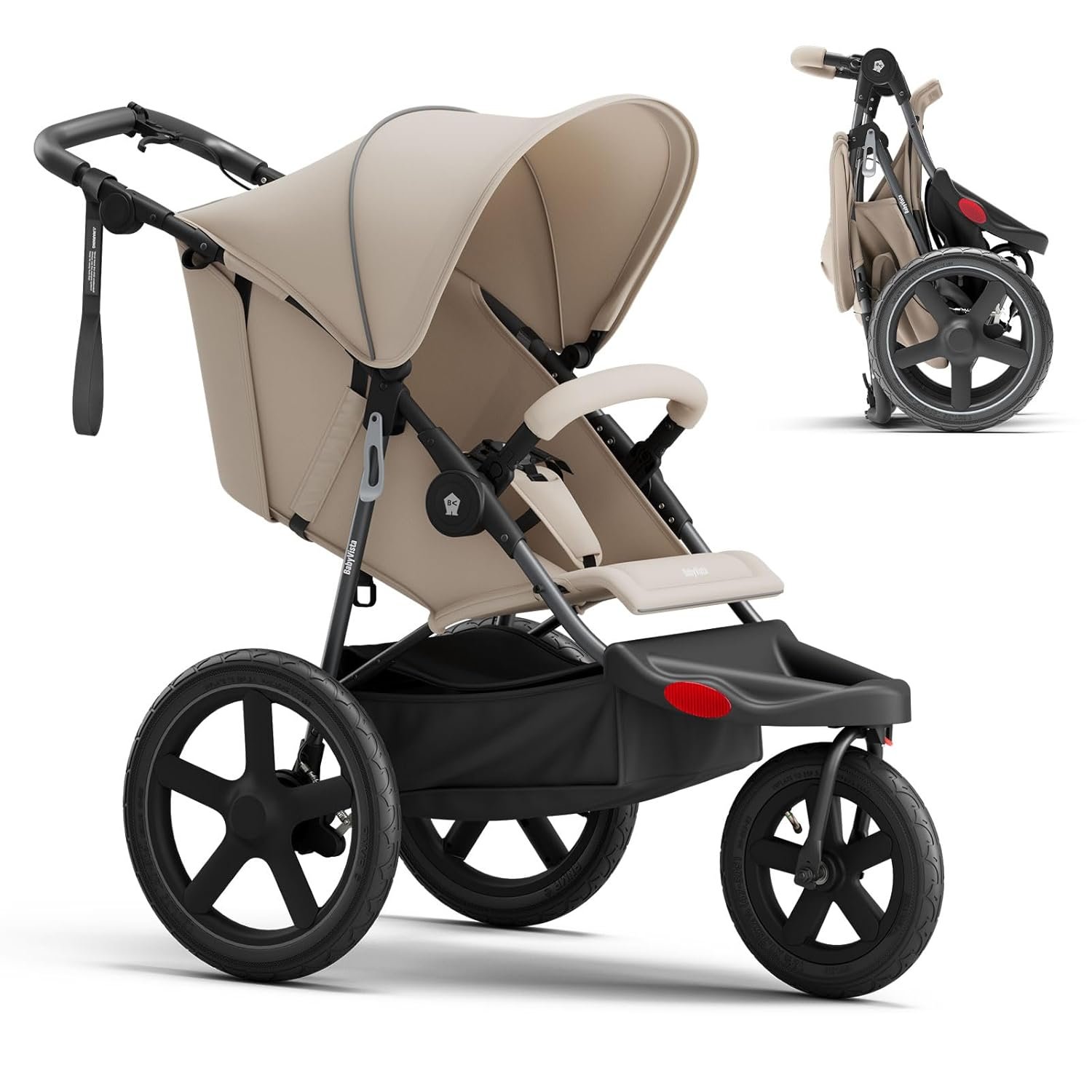 Jogging Stroller, All-Terrain Frame, 12"/16" Inflatable Tires with Angled Valve, Disc Hand Brake & Foot Brake, Adjustable Handlebar, Foldable Jogger Stroller for Babies & Toddlers, Khaki