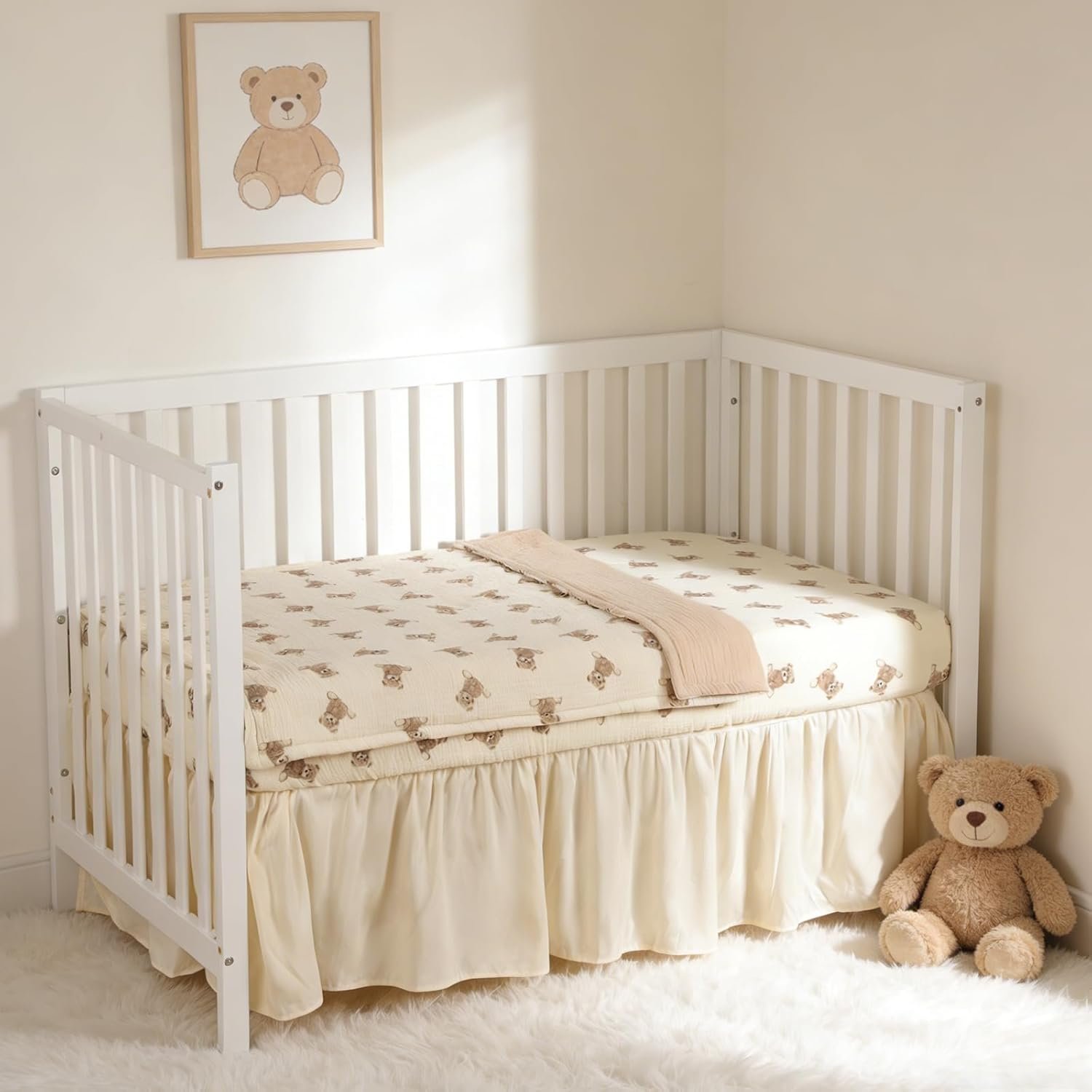 Organic Cotton Muslin Baby Crib Bedding Set 3 Piece Soft for Infant Newborn Toddler Boys Girls 52"x28", Nursery Bed Quilt Set Decor with Fitted Crib Sheet, Boho Quilted Comforter Blanket, Bed Skirt