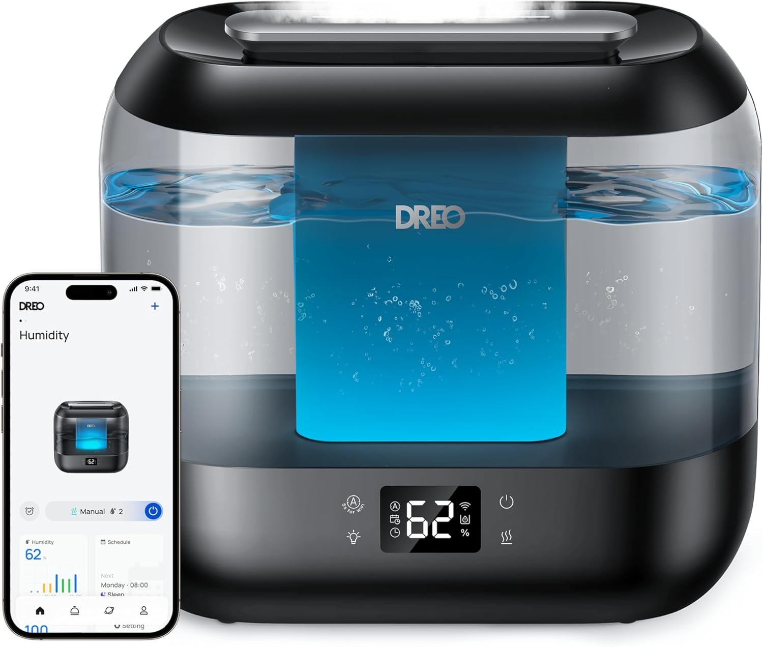 Dreo Smart Humidifiers for Bedroom, Top Fill 4L Supersized Humidifier Large Room with 28 dB, 36H Runtime, Touch/APP/Voice Control, Nightlight, Cool Mist Humidifiers for Baby, Plants, Indoor, Black