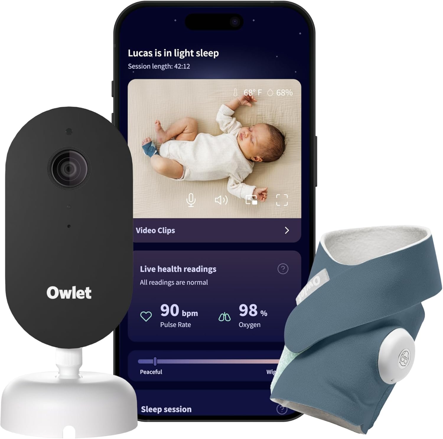 Owlet Dream Duo (Gen 3) Smart Baby Monitor All-in-One Bundle - 2K HD Video Baby Monitor with Alerts & Owlet Dream Sock Tracks Baby’s Oxygen, Heart Rate & Sleep | Health Insights via App